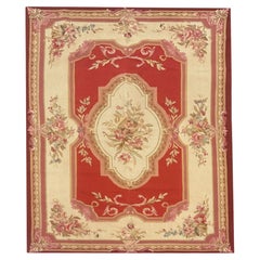 Handmade Carpet Retro Aubusson Rug 1980 French- Red and Beige Wool Rugs