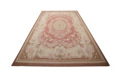 Handmade Carpet Vintage Aubusson Style Rug 1980 French- Pink and Beige Wool Rugs