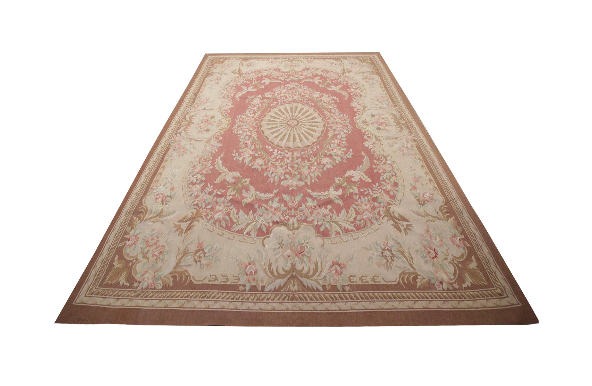 Light up your interior floors with this handmade carpet high-quality Vintage Aubusson rug, with a central medallion design- hand-woven in 1980 with hand-spun, vegetable-dyed wool, and cotton, by some of the finest artisans. Perfect for both modern