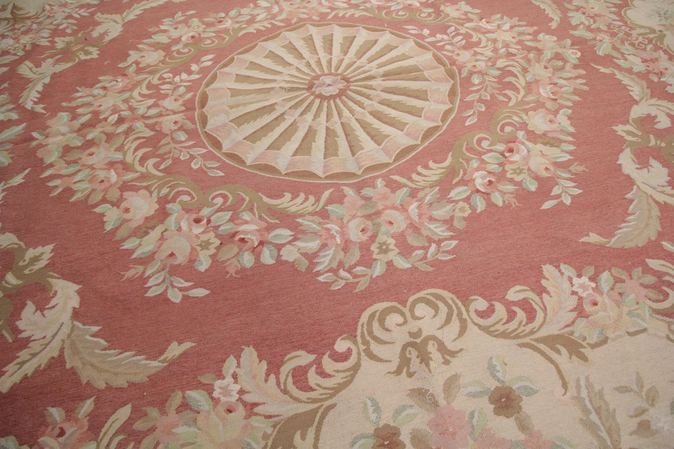 Chinese Handmade Carpet Vintage Aubusson Style Rug 1980 French, Pink and Beige Wool Rugs For Sale