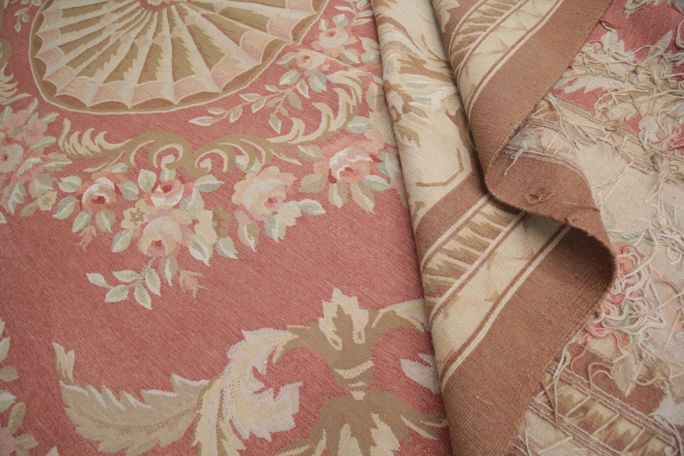 20th Century Handmade Carpet Vintage Aubusson Style Rug 1980 French, Pink and Beige Wool Rugs For Sale
