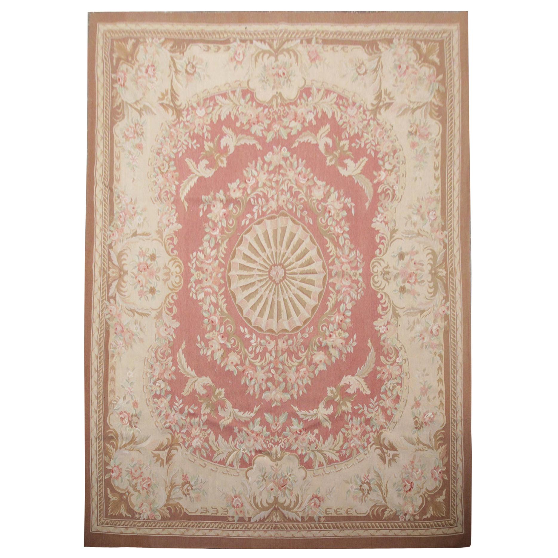 Handmade Carpet Vintage Aubusson Style Rug 1980 French- Pink and Beige Wool Rugs For Sale