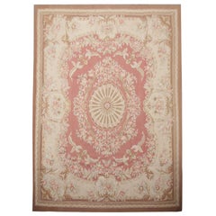 Handmade Carpet Vintage Aubusson Style Rug 1980 French- Pink and Beige Wool Rugs