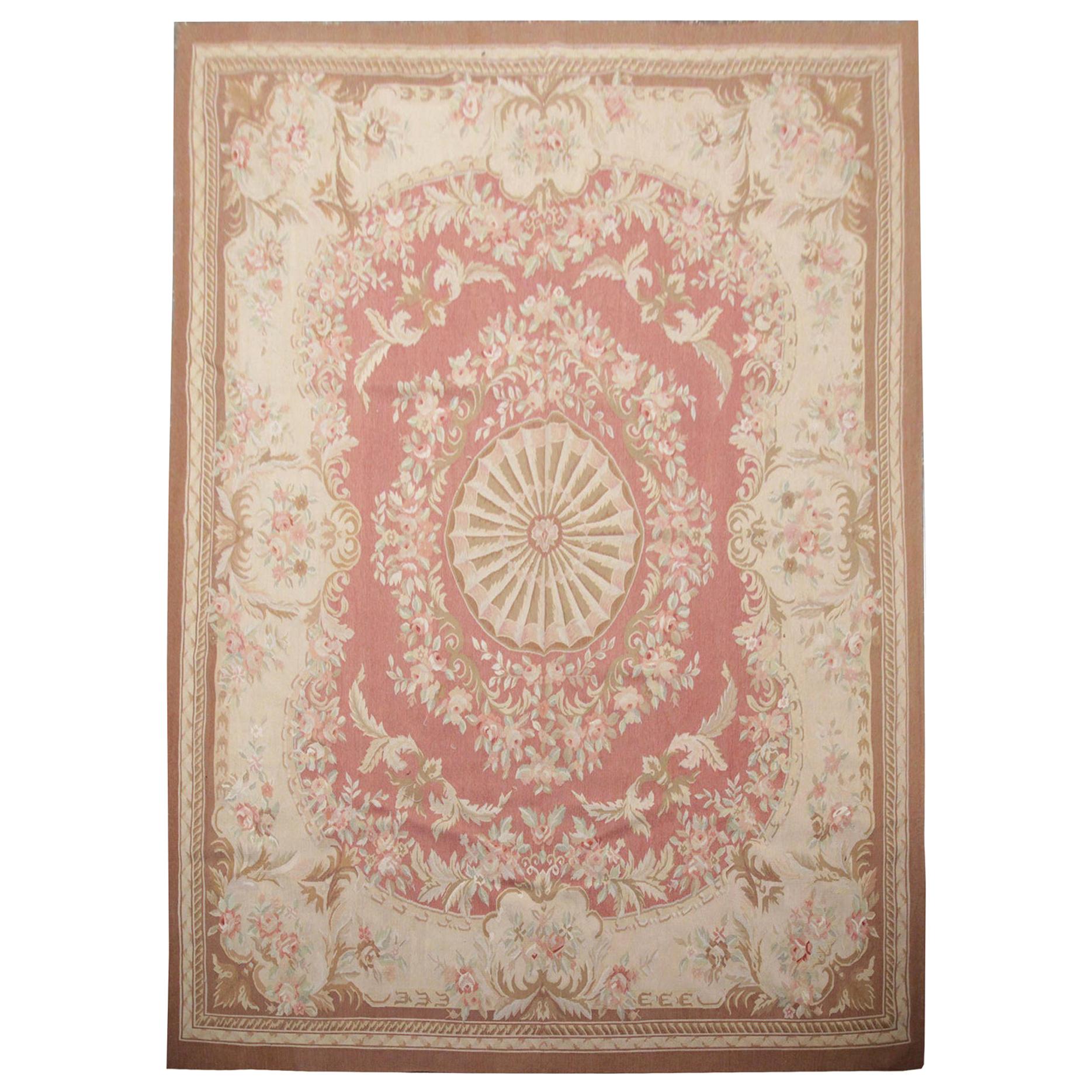 Handmade Carpet Vintage Aubusson Style Rug 1980 French, Pink and Beige Wool Rugs