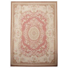 Handmade Carpet Retro Aubusson Style Rug 1980 French- Pink and Beige Wool Rugs