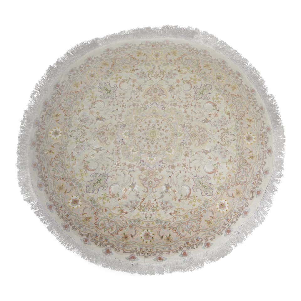Circular Turkish Wool and Silk Rug, Oriental Cream Pink Handmade Carpet ...