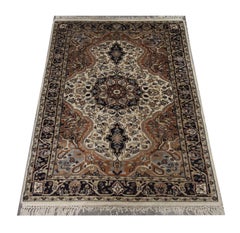 Handgefertigter indischer orientalischer Teppich, Vintage, Wohnzimmerteppich aus cremefarbener Wolle, Verkauf