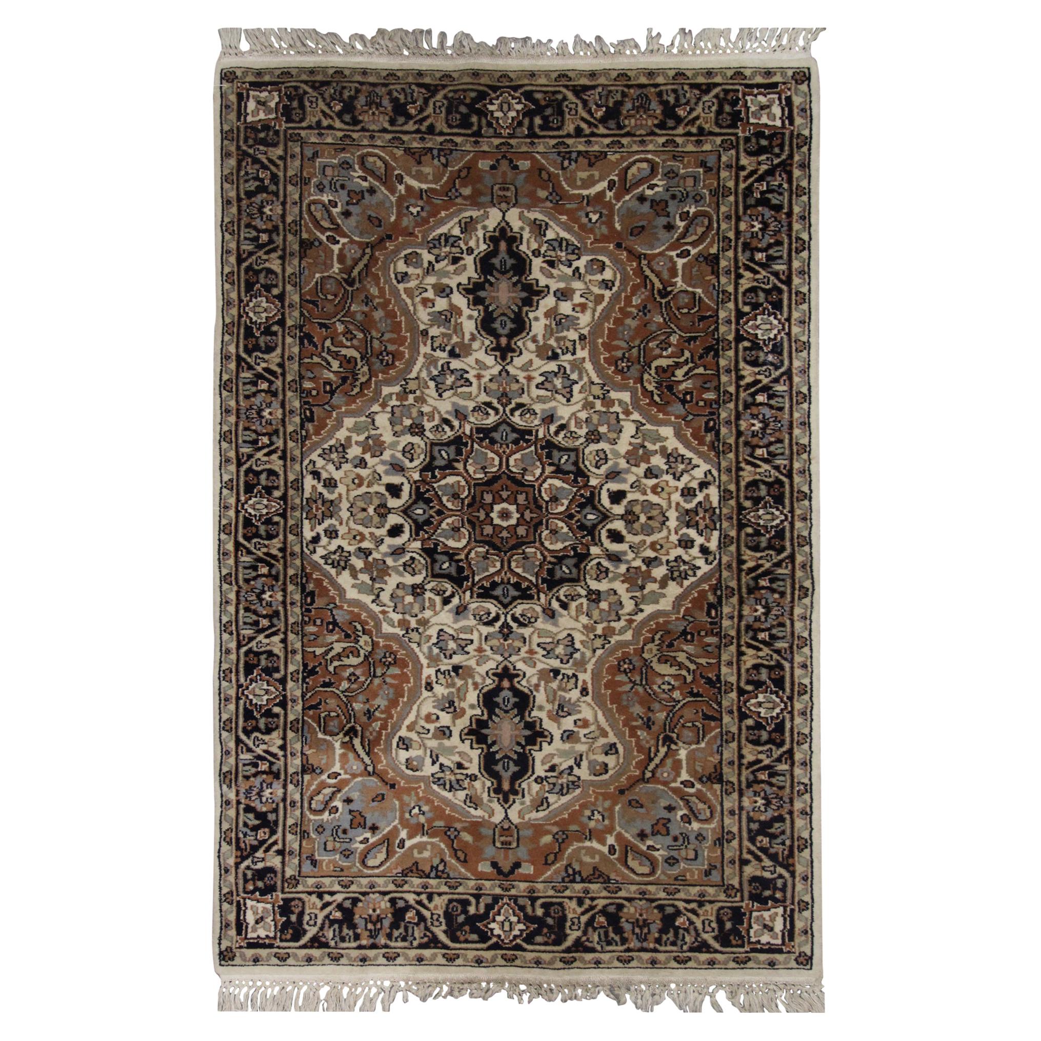 Handmade Carpet Vintage Indian Oriental Rug, Cream Wool Living Room Rug Sale