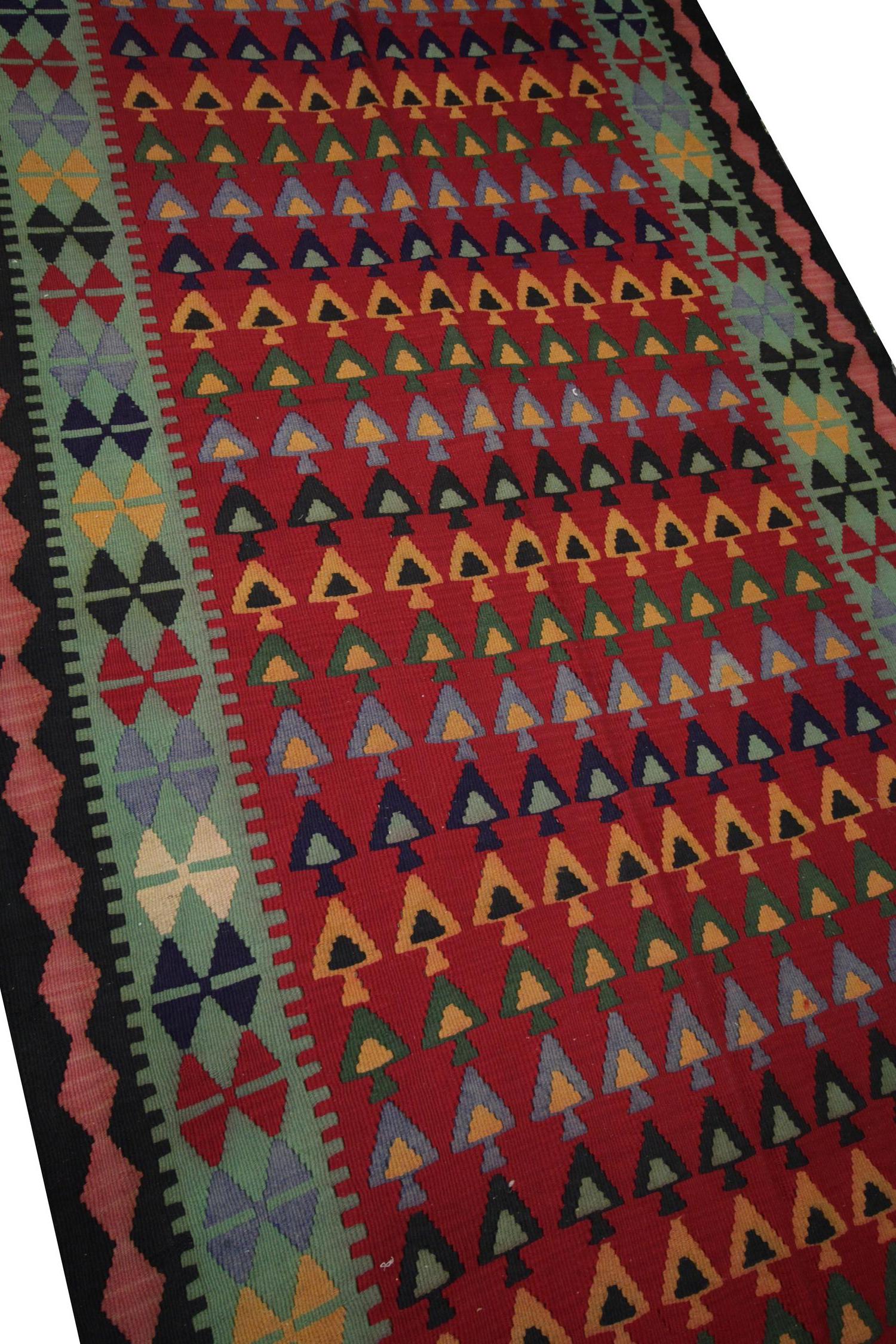 Azerbaijani Handmade Carpet Vintage Kilim Rug, Traditional Tribal Red Wool Area Rug For Sale