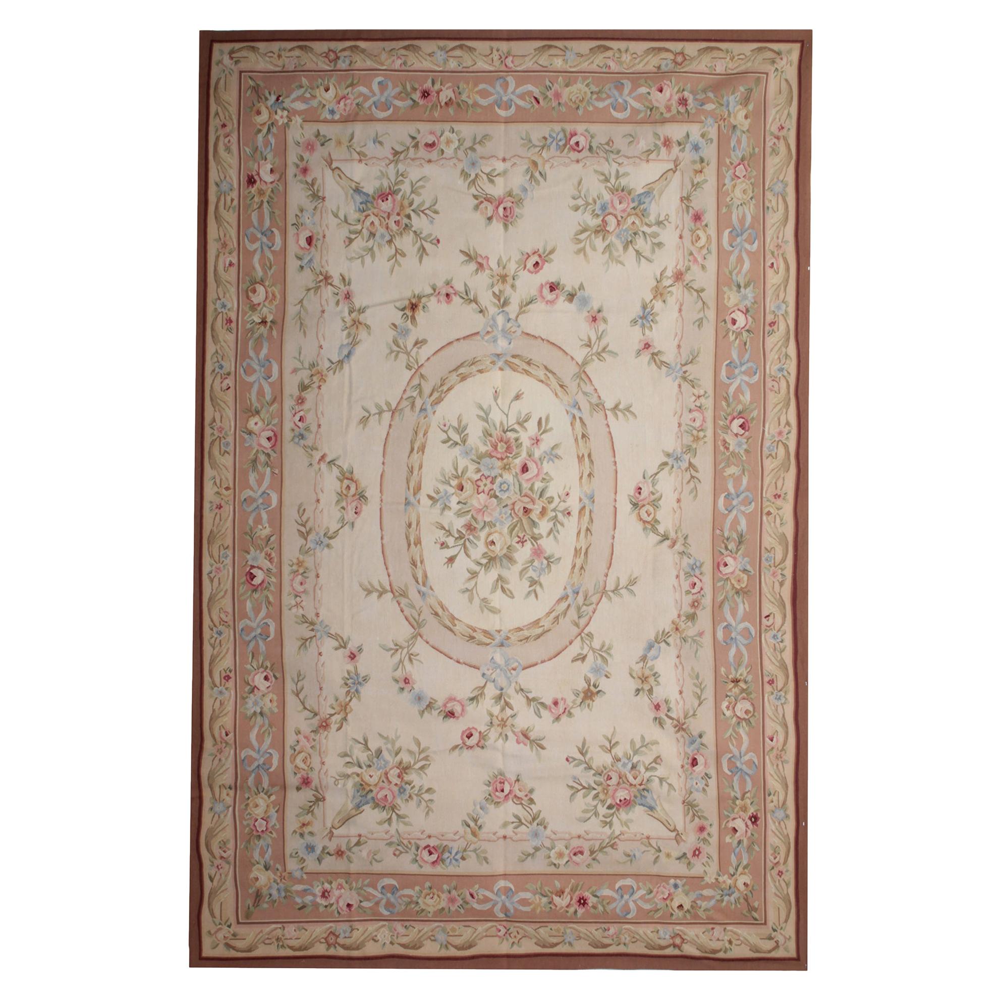 Handmade Carpet Vintage Tapestry, Pink Floral Aubusson Style Rug Needlepoint