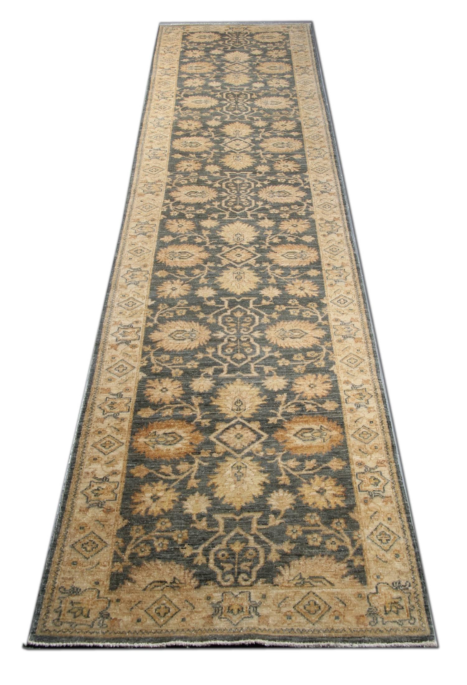 This modern Ziegler style Runner rug features a traditional Saltanabad design. Woven on a loom in Afghanistan by master weavers. Woven with the finest hand-spun wool, which has been dyed using traditional organic vegetable dying techniques. The