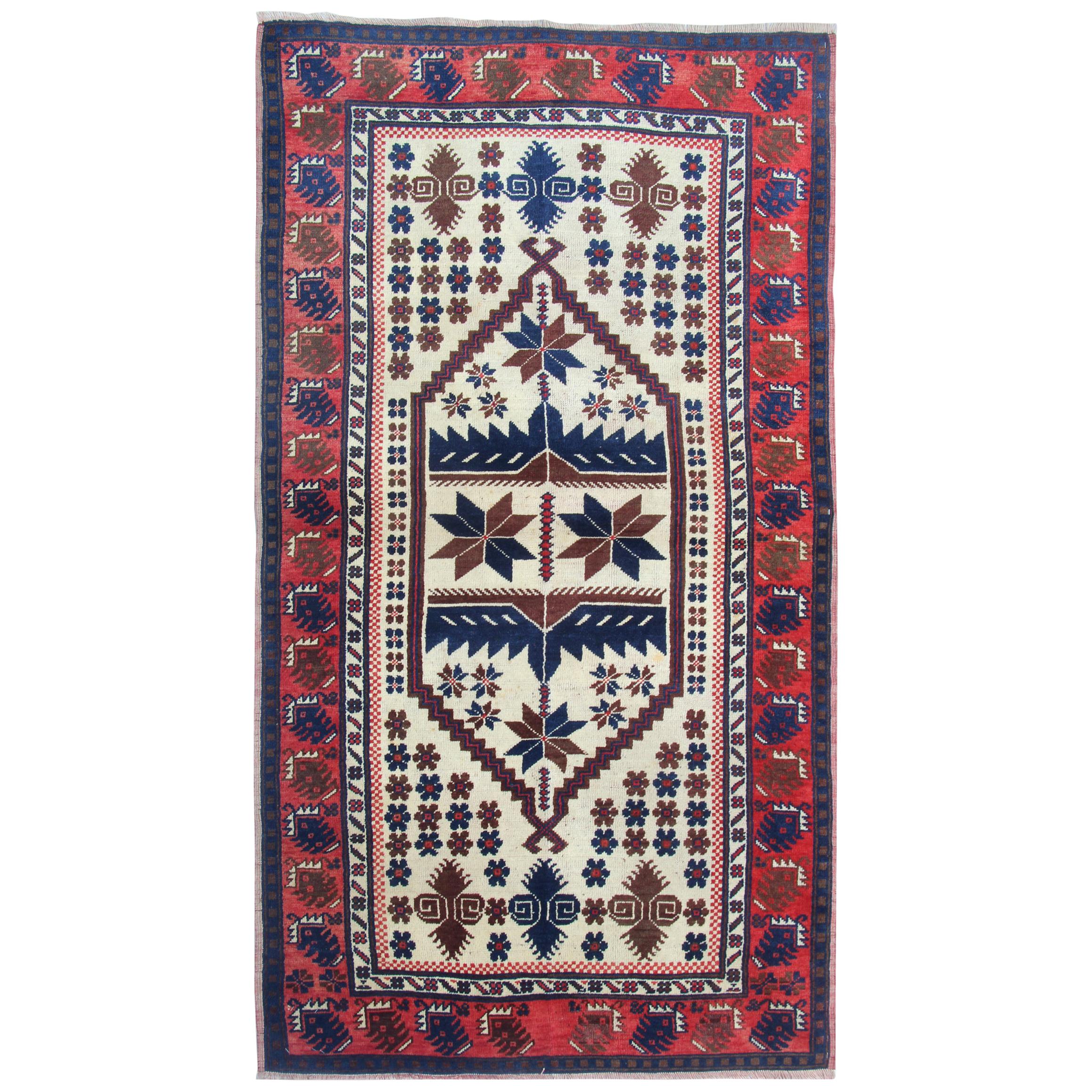 Handmade Carpets Vintage Rugs, Geometric Oriental Red Beige Area Rug For Sale