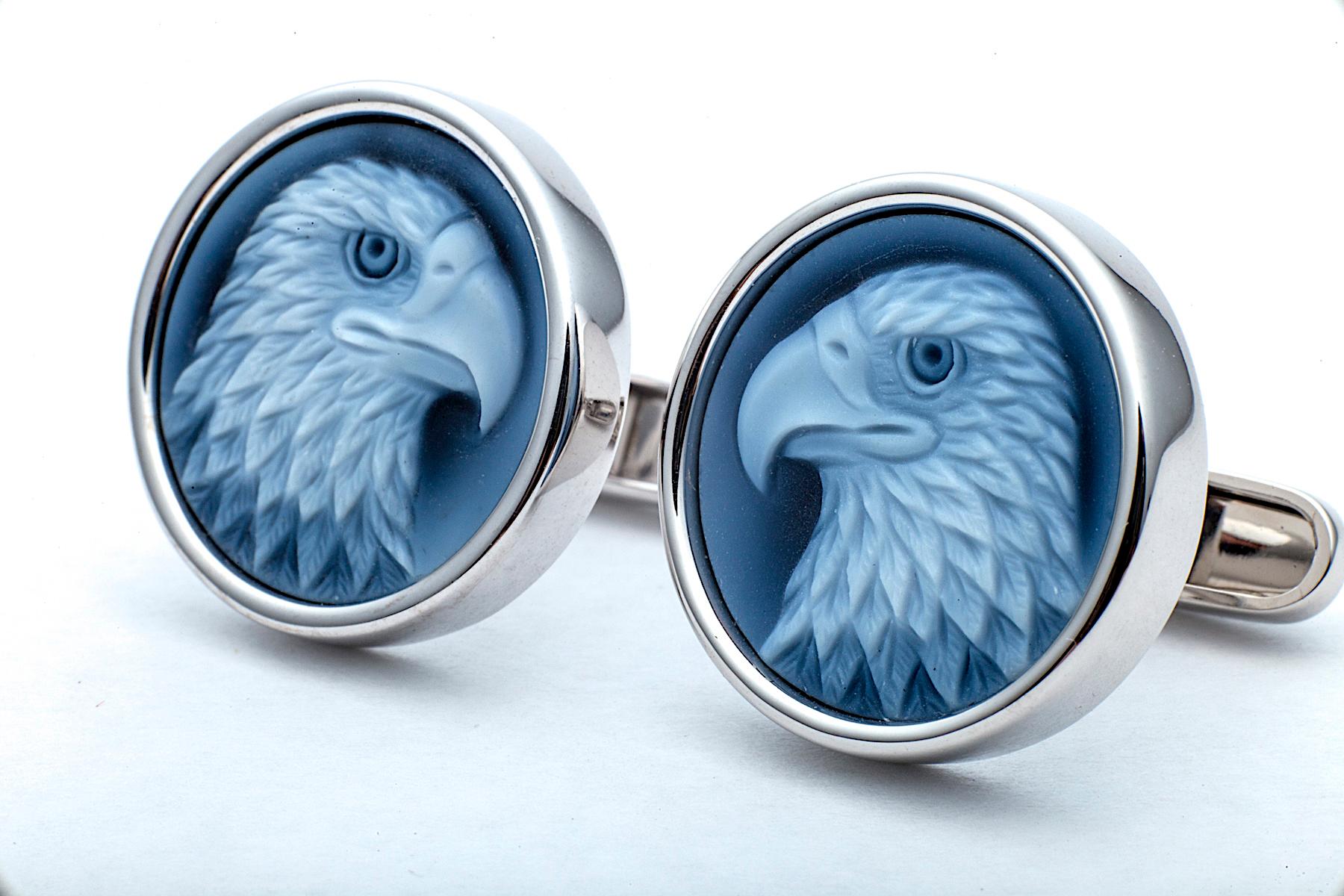 The Bald Eagle, the emblem and national bird of America, symbolizes strength, courage, farsightedness, and immortality.  These hand carved blue agate Eagle head cufflinks, pay respect to this majestic bird with an incredibly detailed and handsome