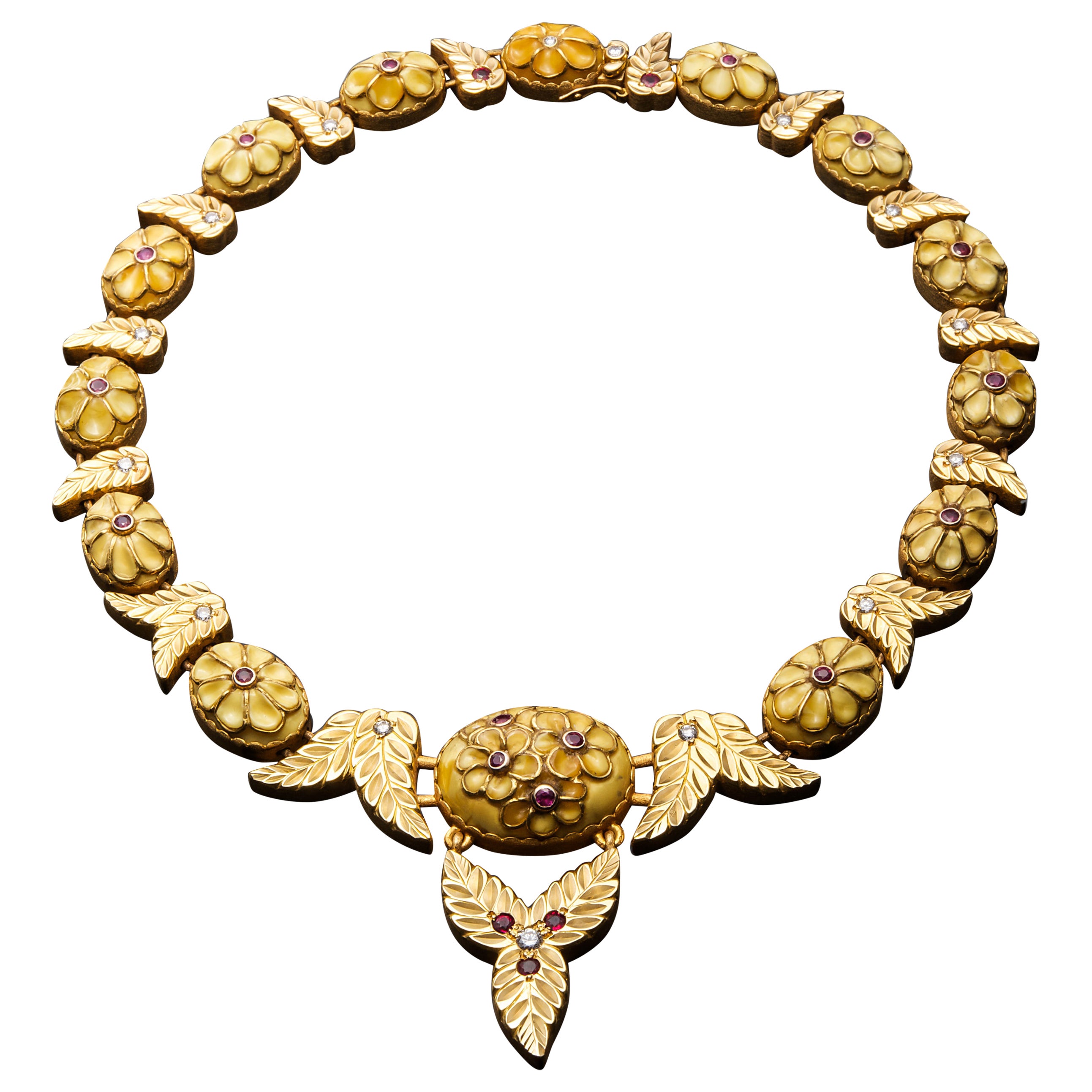 Handgefertigte geschnitzte weiße Bernstein 18k und 24k Gold Choker Halskette im Angebot