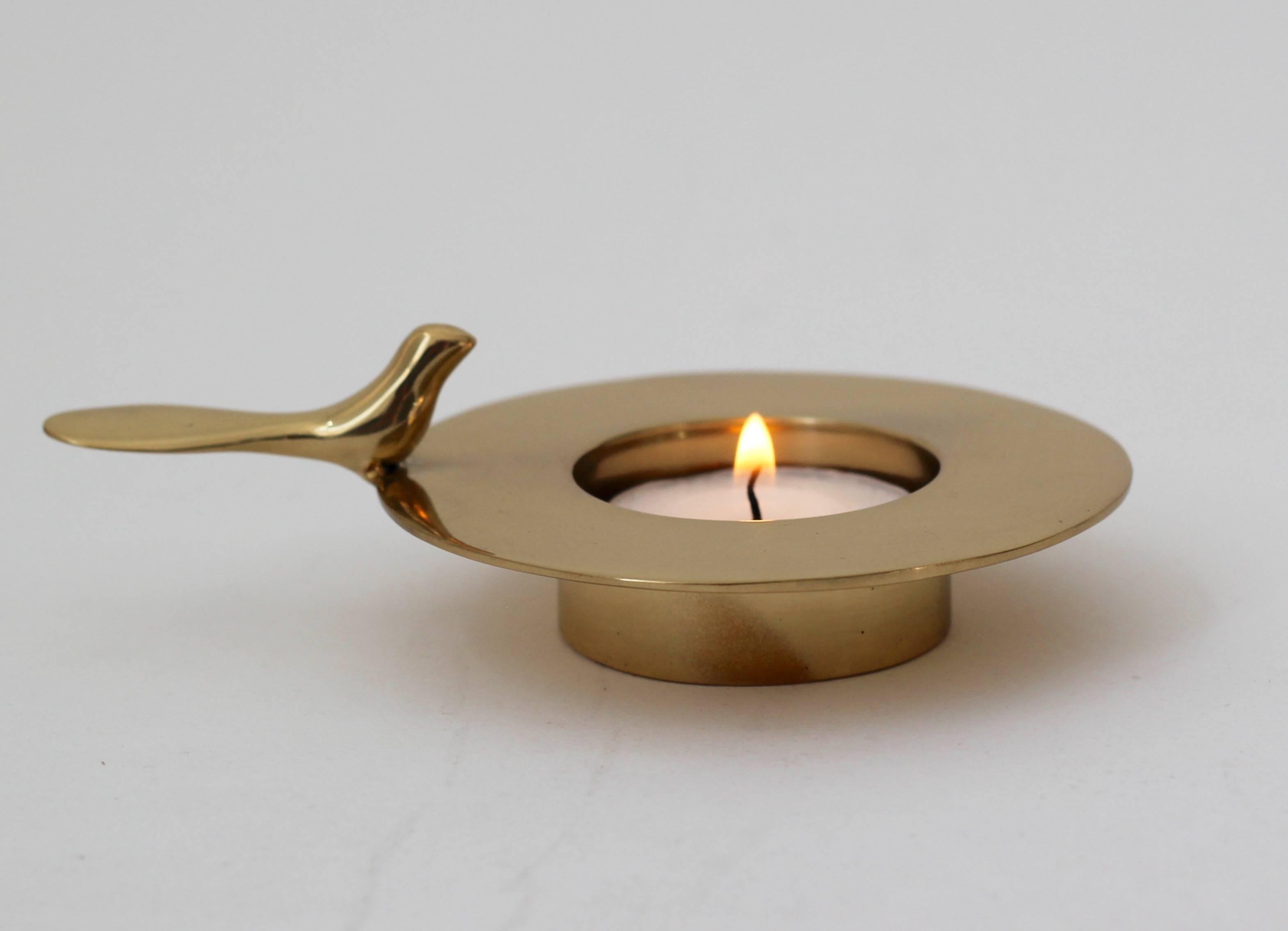 Organic Modern Handmade Cast Brass One Bird Tea Light Candleholder with Polished Finish