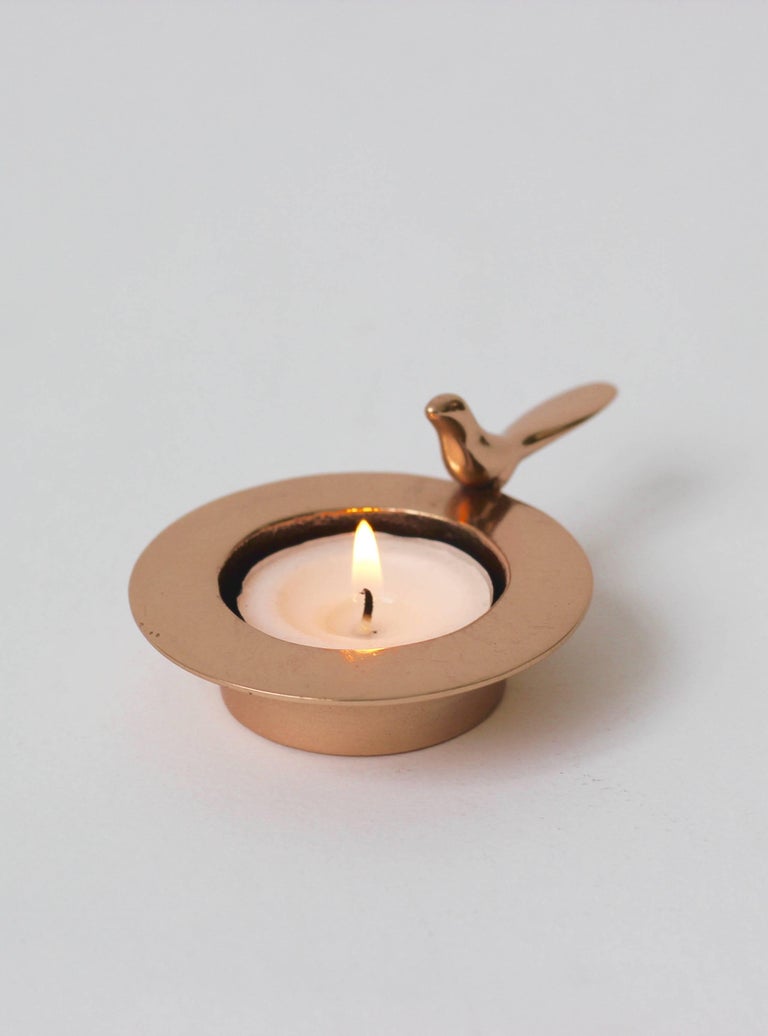 Organic Modern Handmade Cast Bronze Bird Tea Light Candle Holder with Polished Finish For Sale