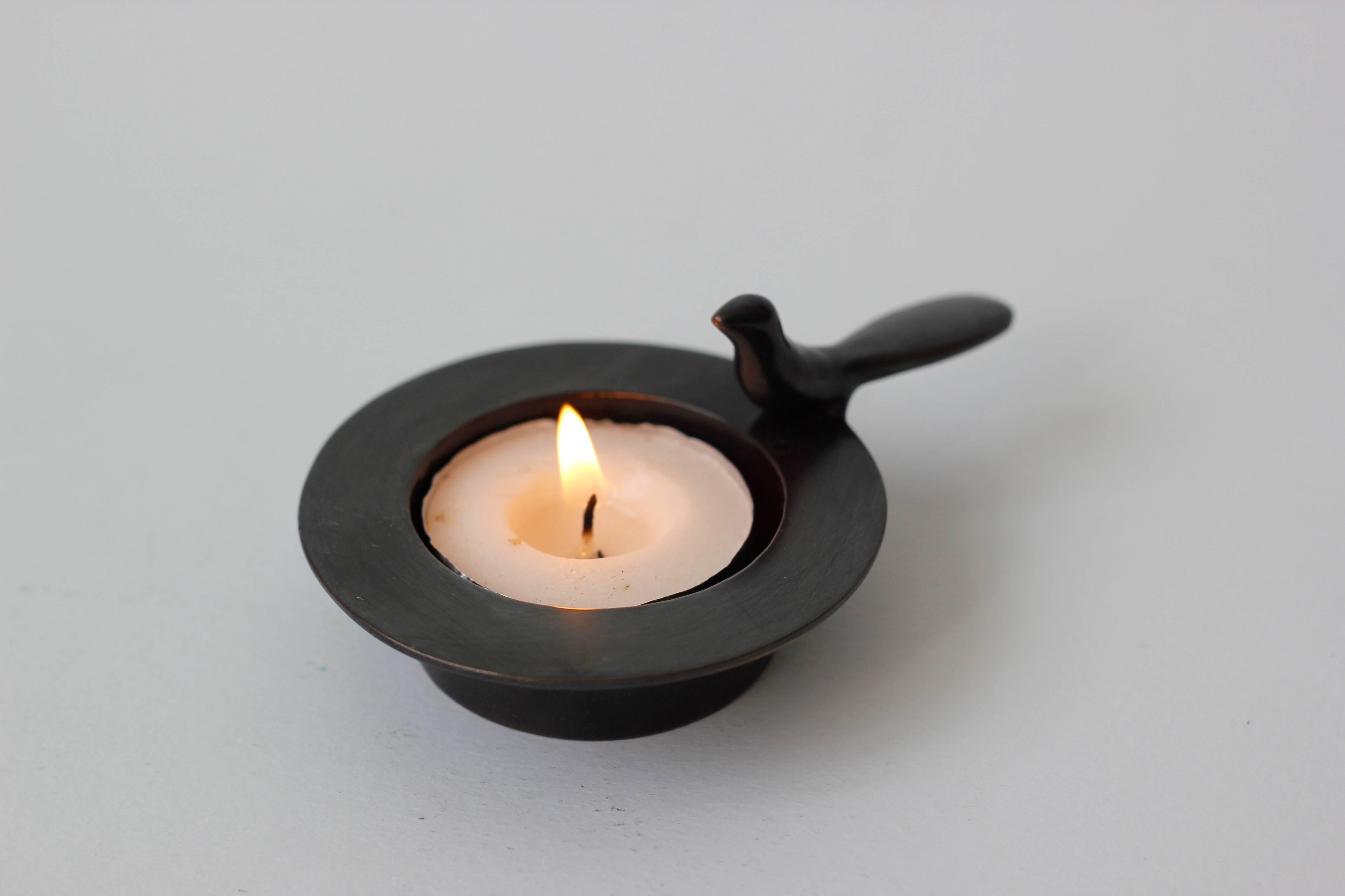 Organic Modern Handmade Cast Bronze Bird Tea Light Candle-holder with Patina Finish For Sale