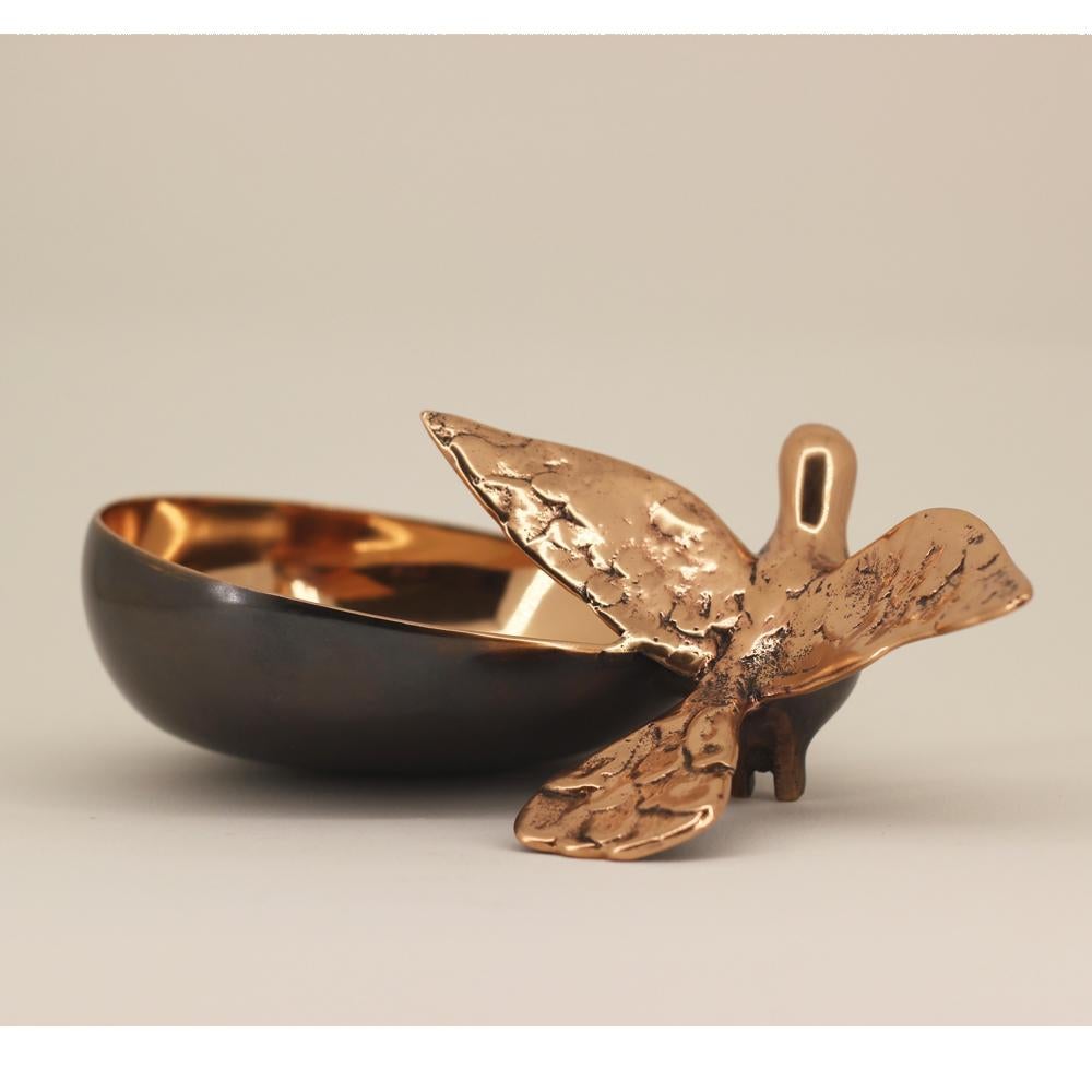 Organic Modern Handmade Cast Bronze Bowl with Bird