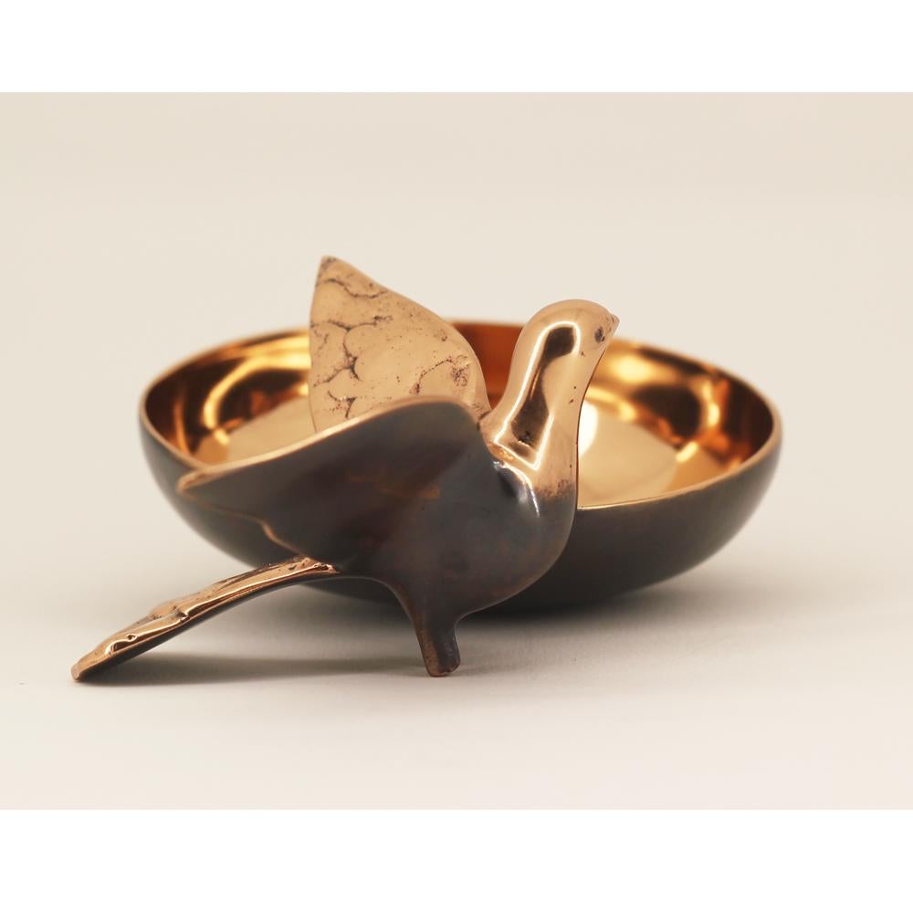 Patinated Handmade Cast Bronze Bowl with Bird