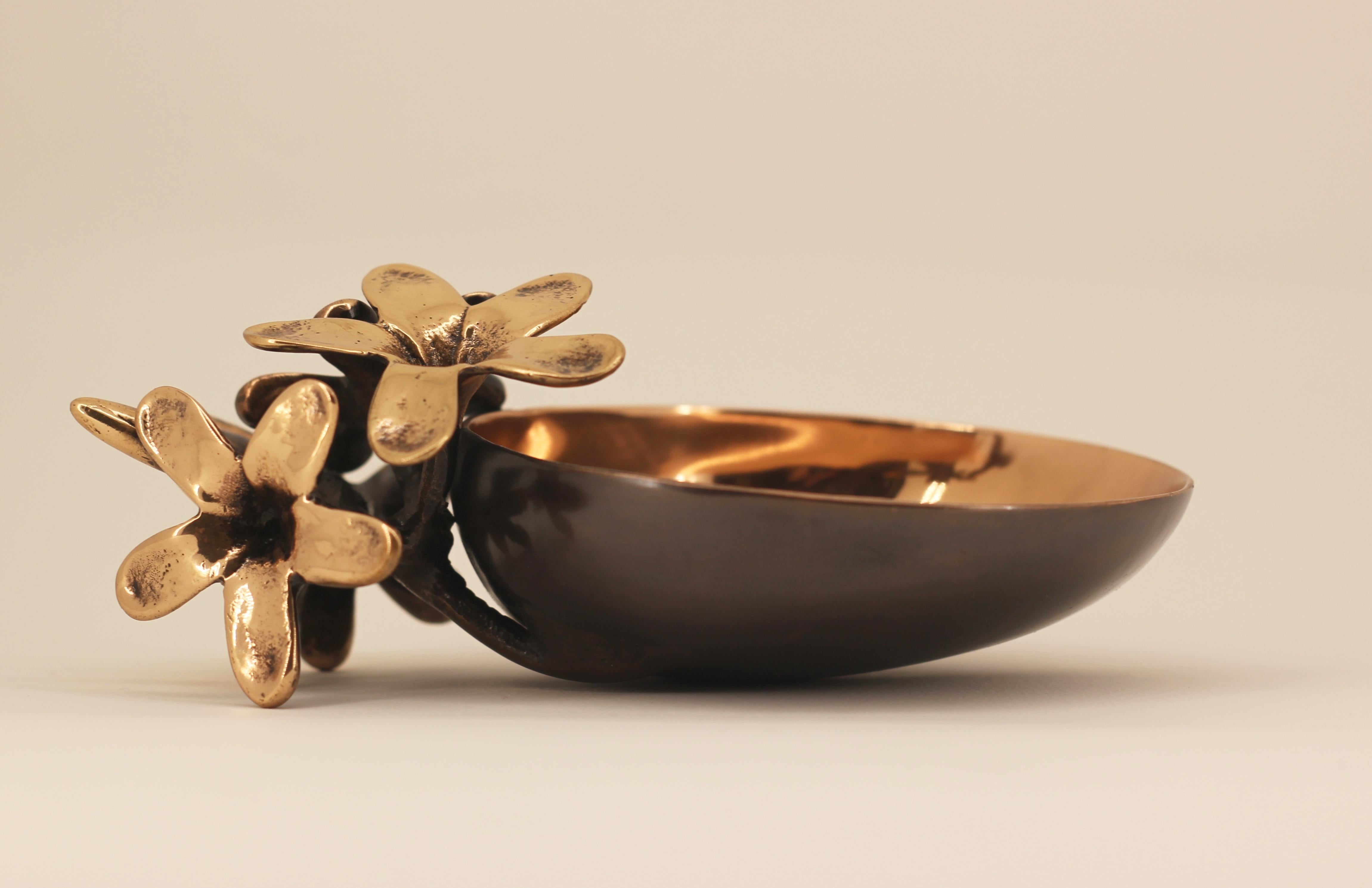 Contemporary Handmade Cast Bronze Bowl with Flowers, Vide-Poche
