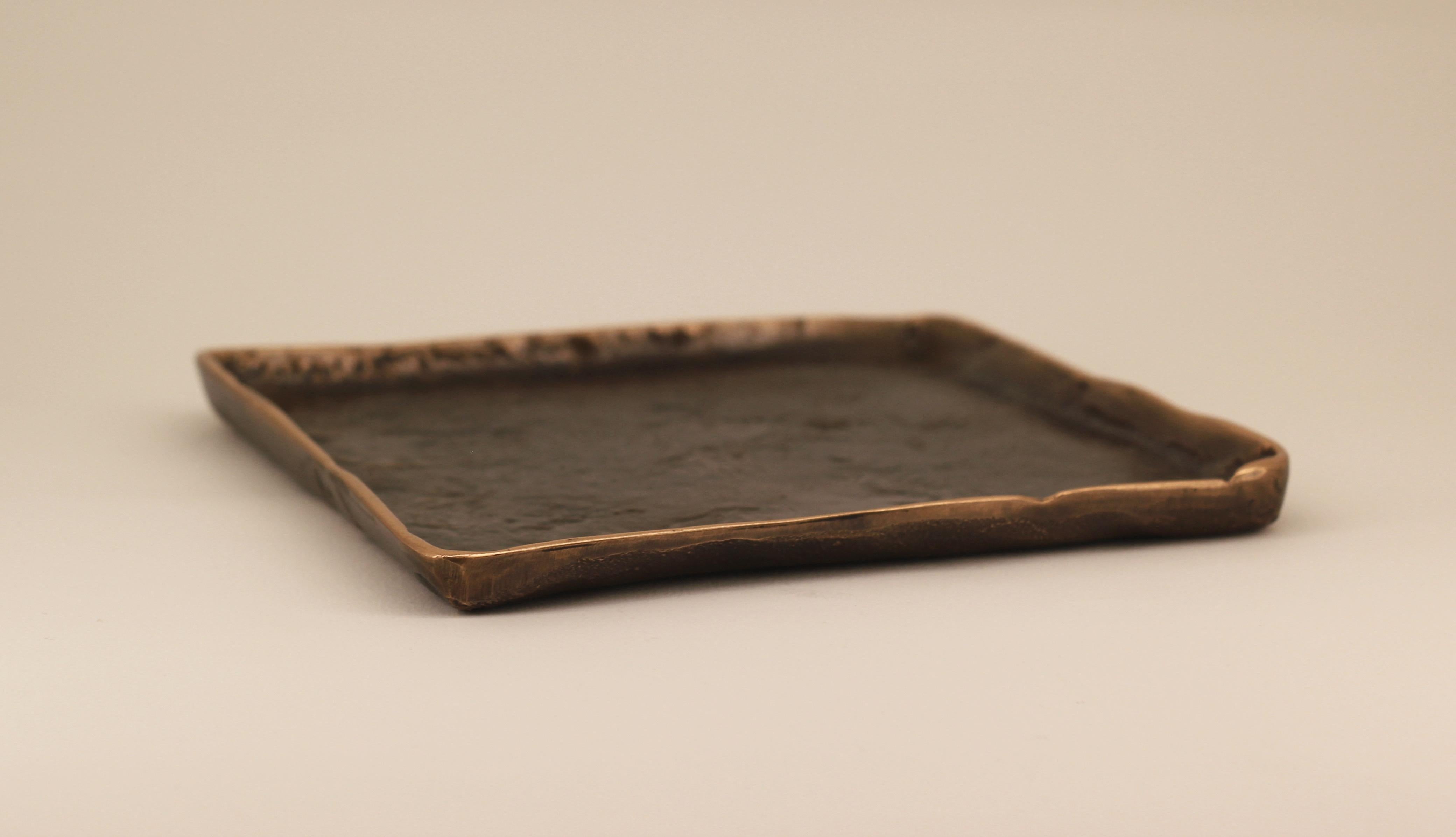 Indian Handmade Cast Bronze Squared Decorative Wabi-Sabi Tray, Vide Poche, Large For Sale