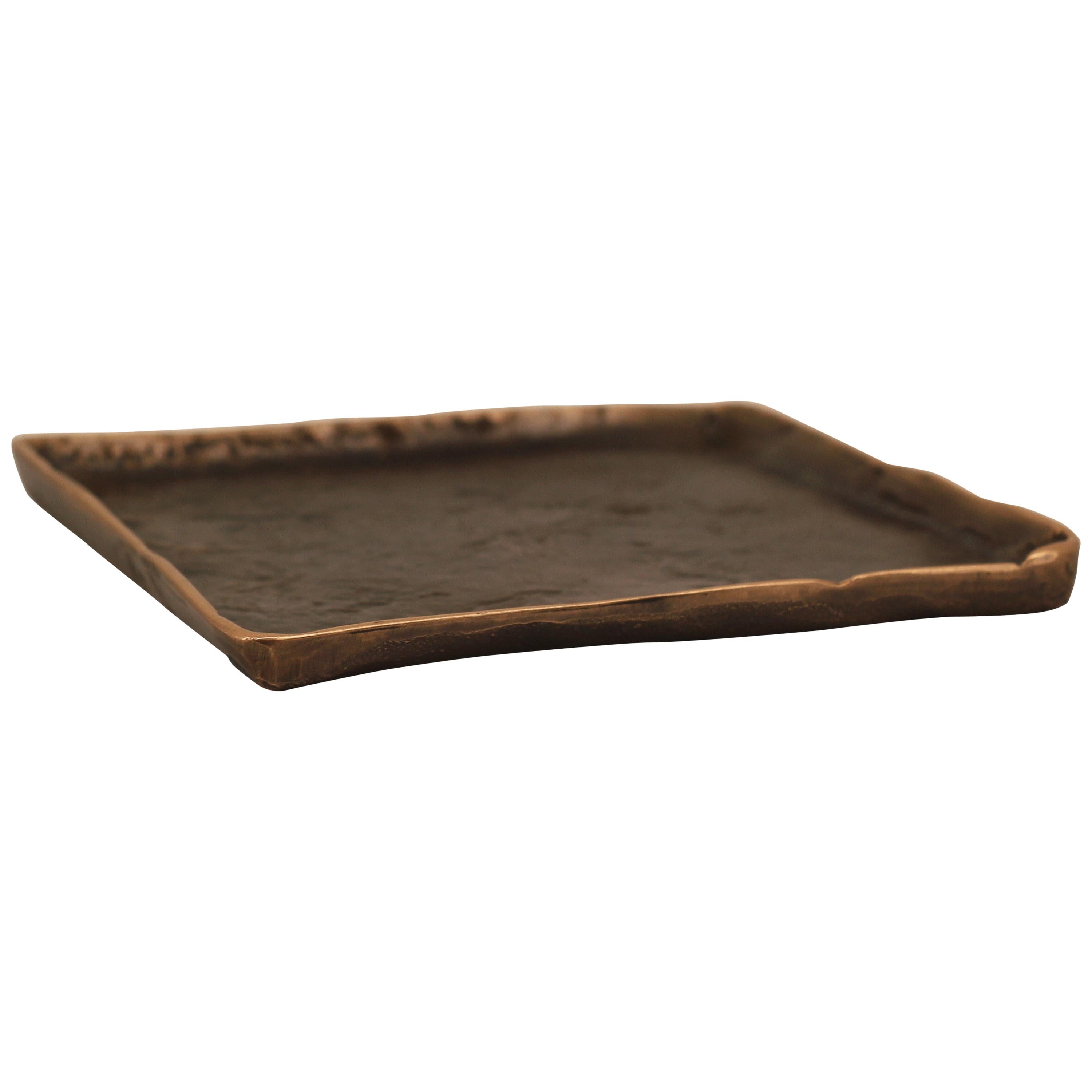 Handmade Cast Bronze Squared Decorative Wabi-Sabi Tray, Vide Poche, Large