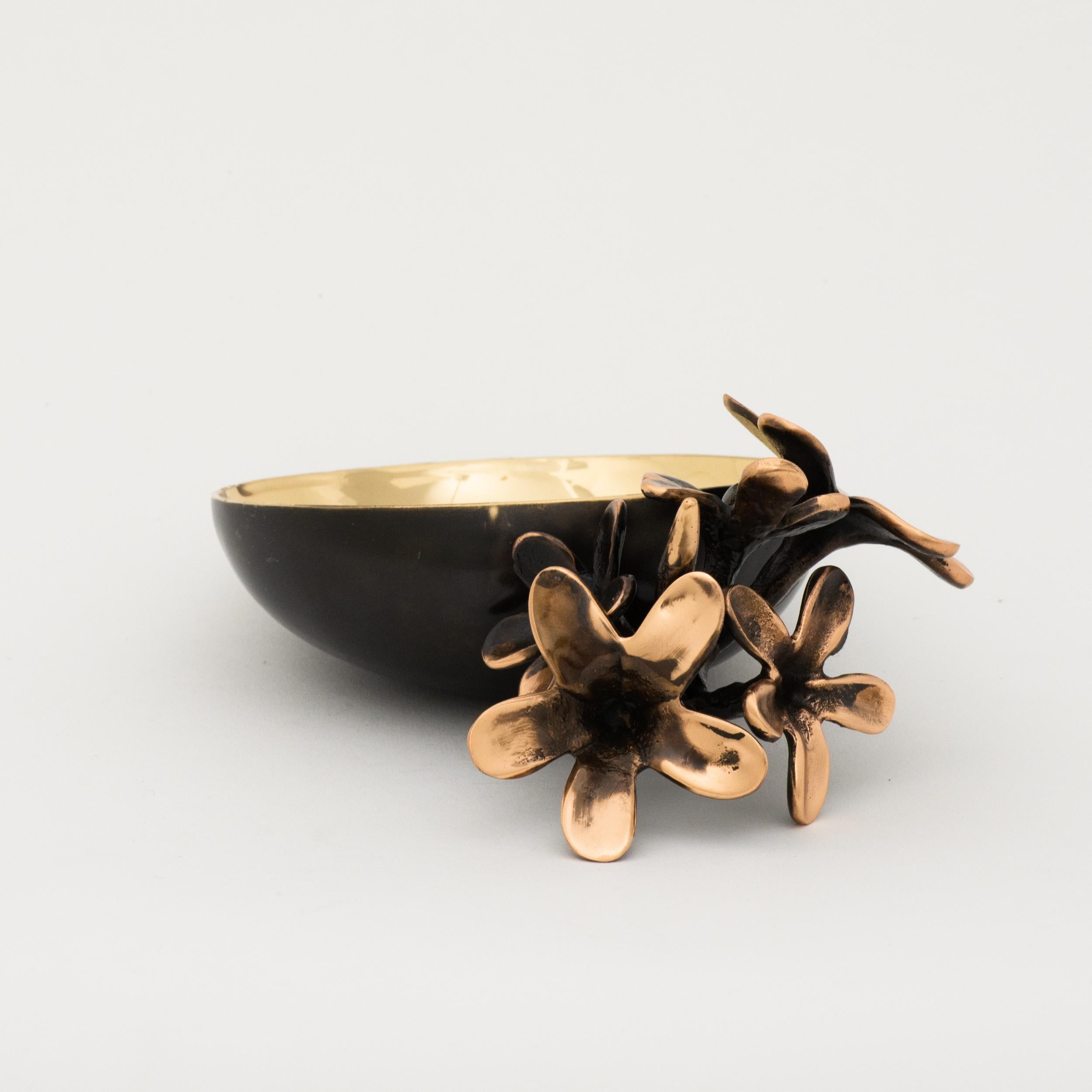 Organic Modern Handmade Cast Bronze Indian Bowl with Flowers, Vide Poche