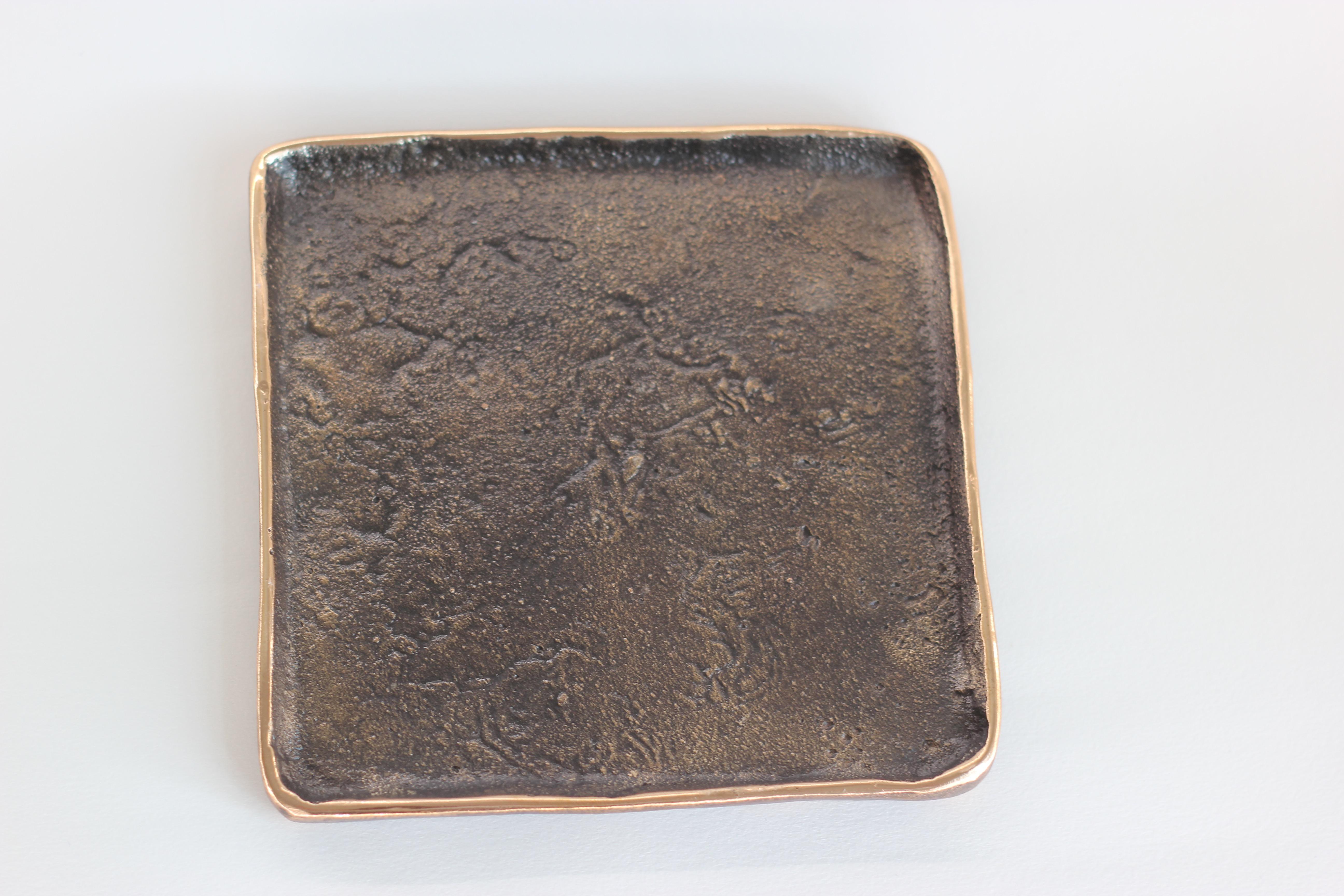 Organic Modern Handmade Cast Bronze Square Wabi-Sabi Trinket Tray, Small For Sale
