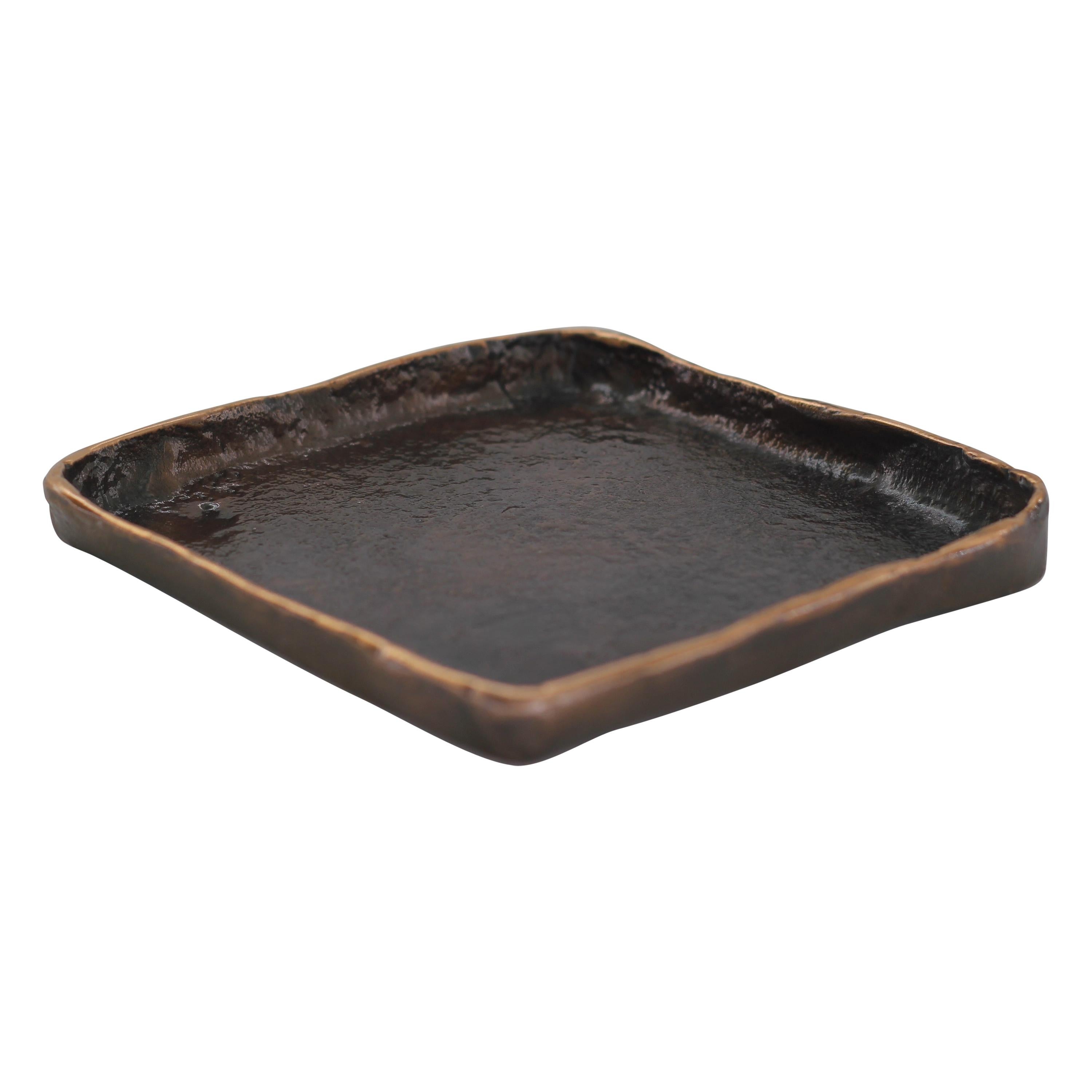 Handmade Cast Bronze Square Wabi-Sabi Trinket Tray, Small For Sale