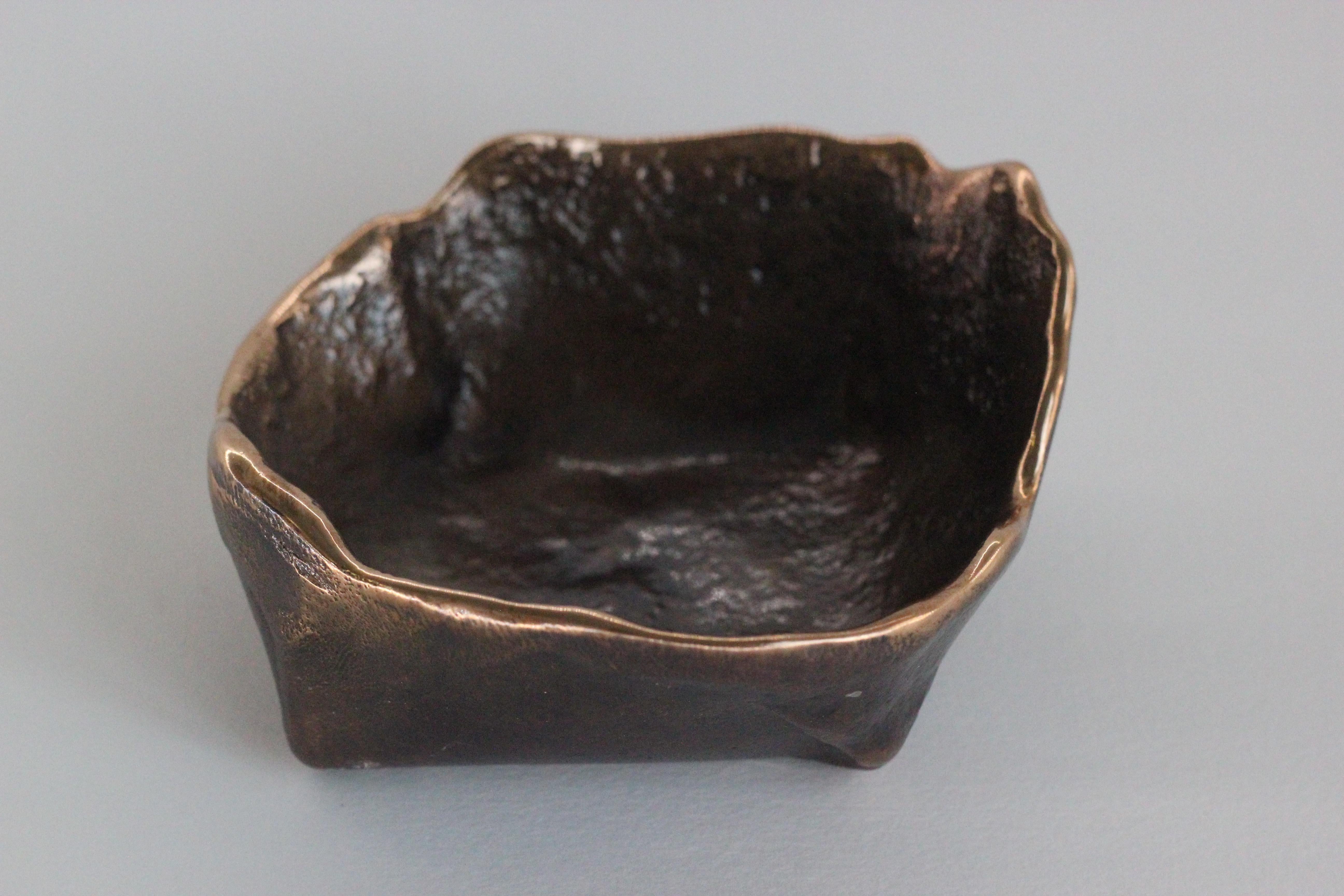 Organic Modern Handmade Cast Bronze Squared Wabi-Sabi Decorative Bowl, Vide-Poche, Small For Sale