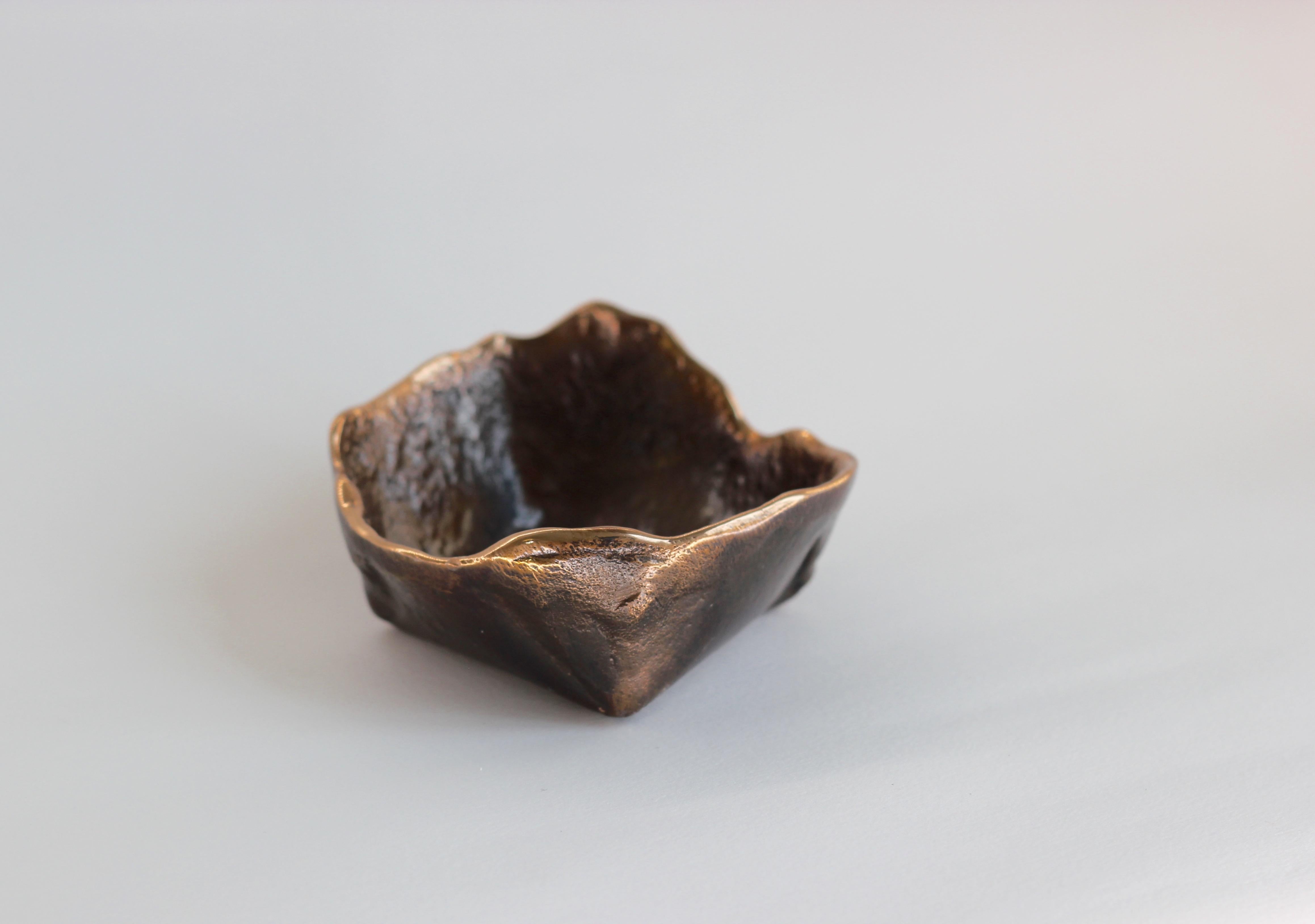 Handmade Cast Bronze Squared Wabi-Sabi Decorative Bowl, Vide-Poche, Small In New Condition For Sale In London, GB