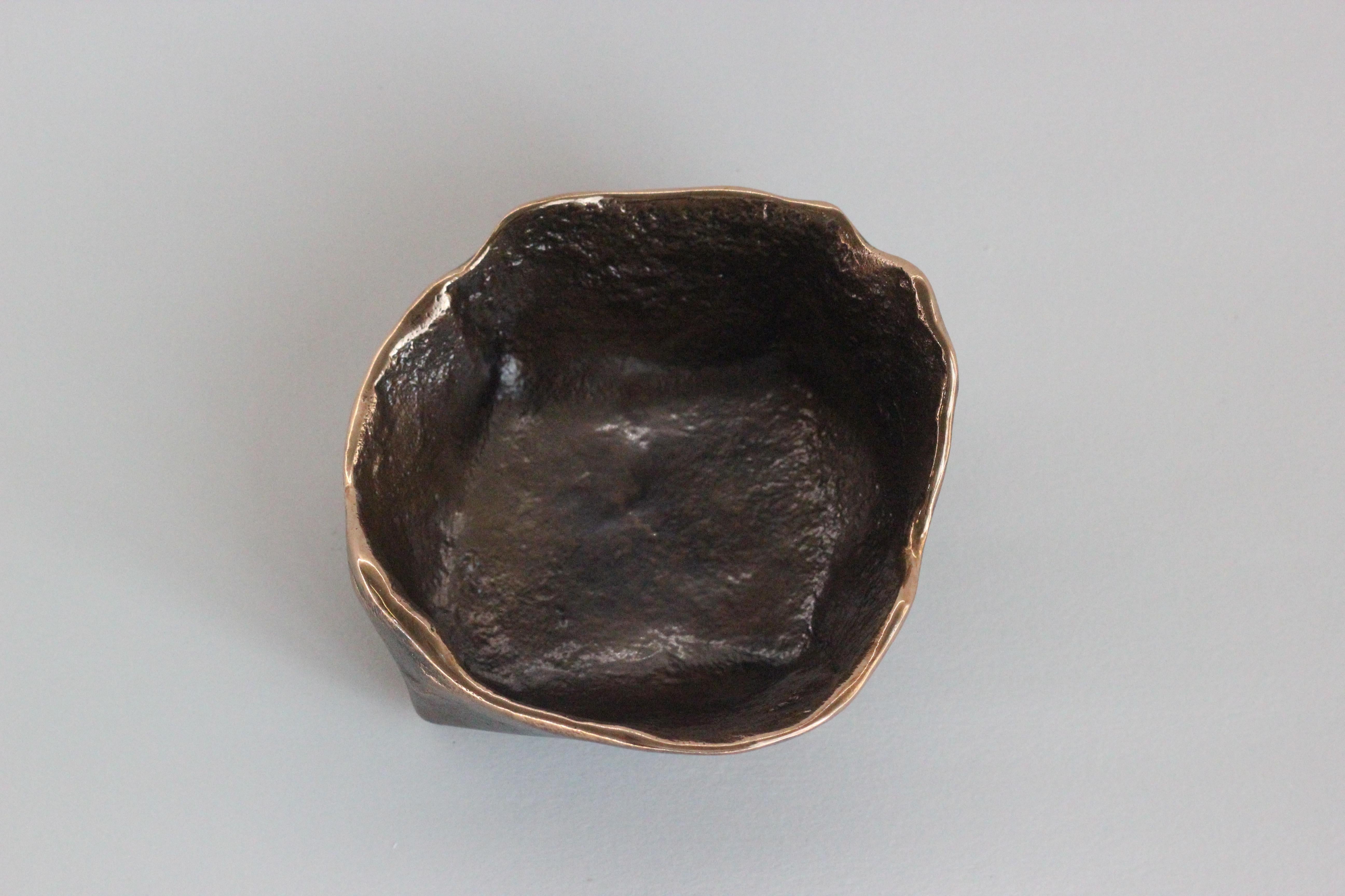 Contemporary Handmade Cast Bronze Squared Wabi-Sabi Decorative Bowl, Vide-Poche, Small For Sale