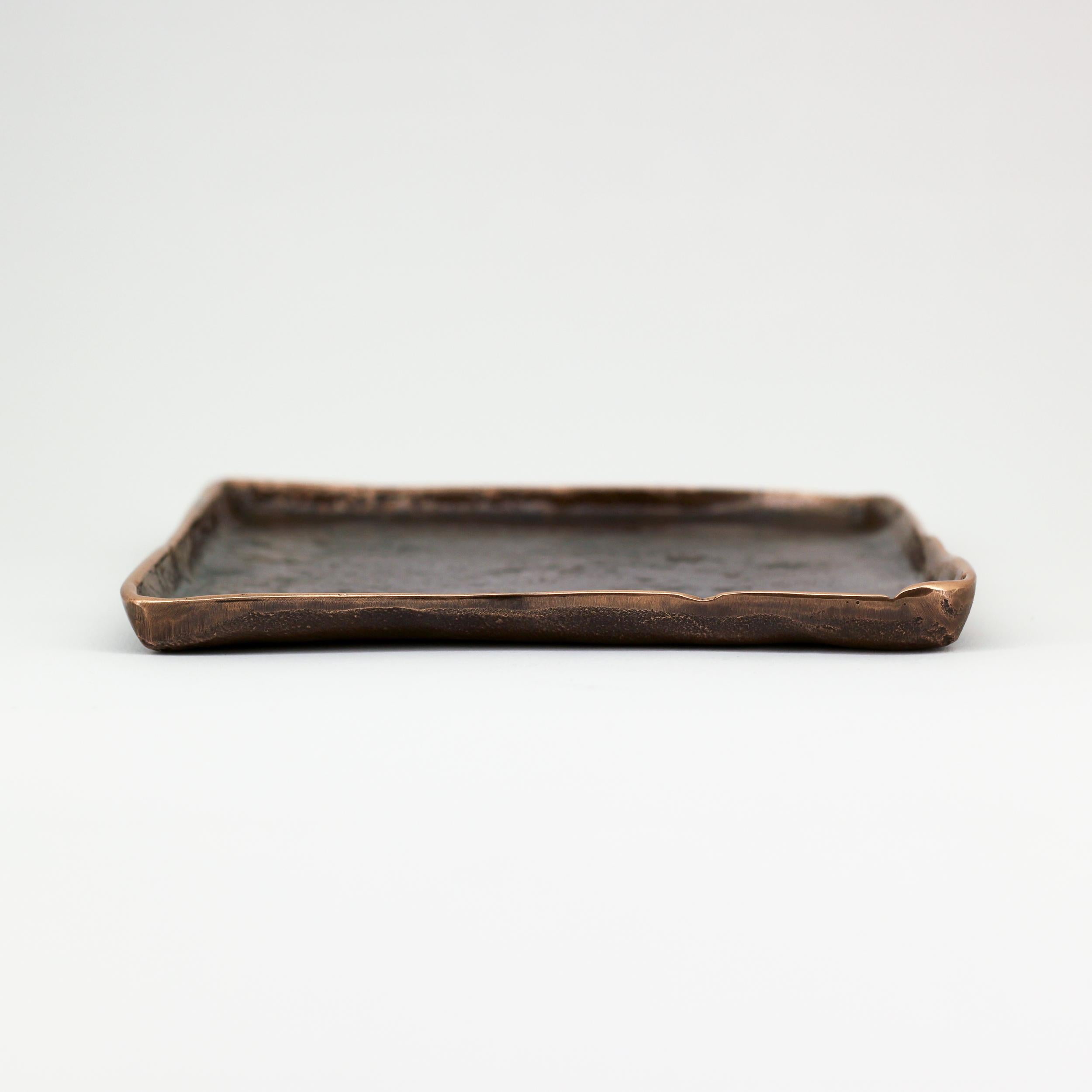 Organic Modern Handmade Cast Bronze Squared Decorative Wabi-Sabi Tray, Vide Poche, Large For Sale