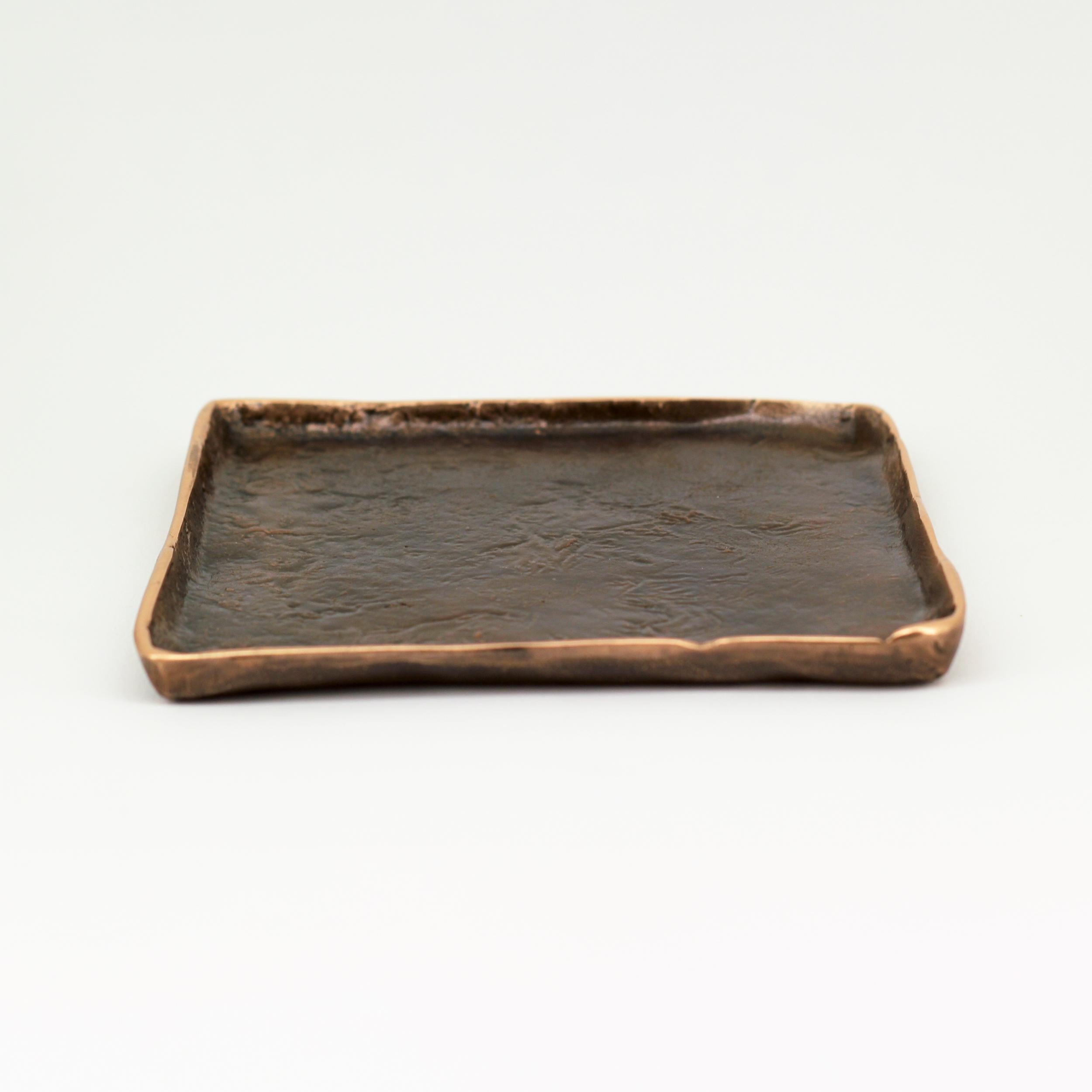 British Handmade Cast Bronze Squared Decorative Wabi-Sabi Tray, Vide Poche, Large For Sale