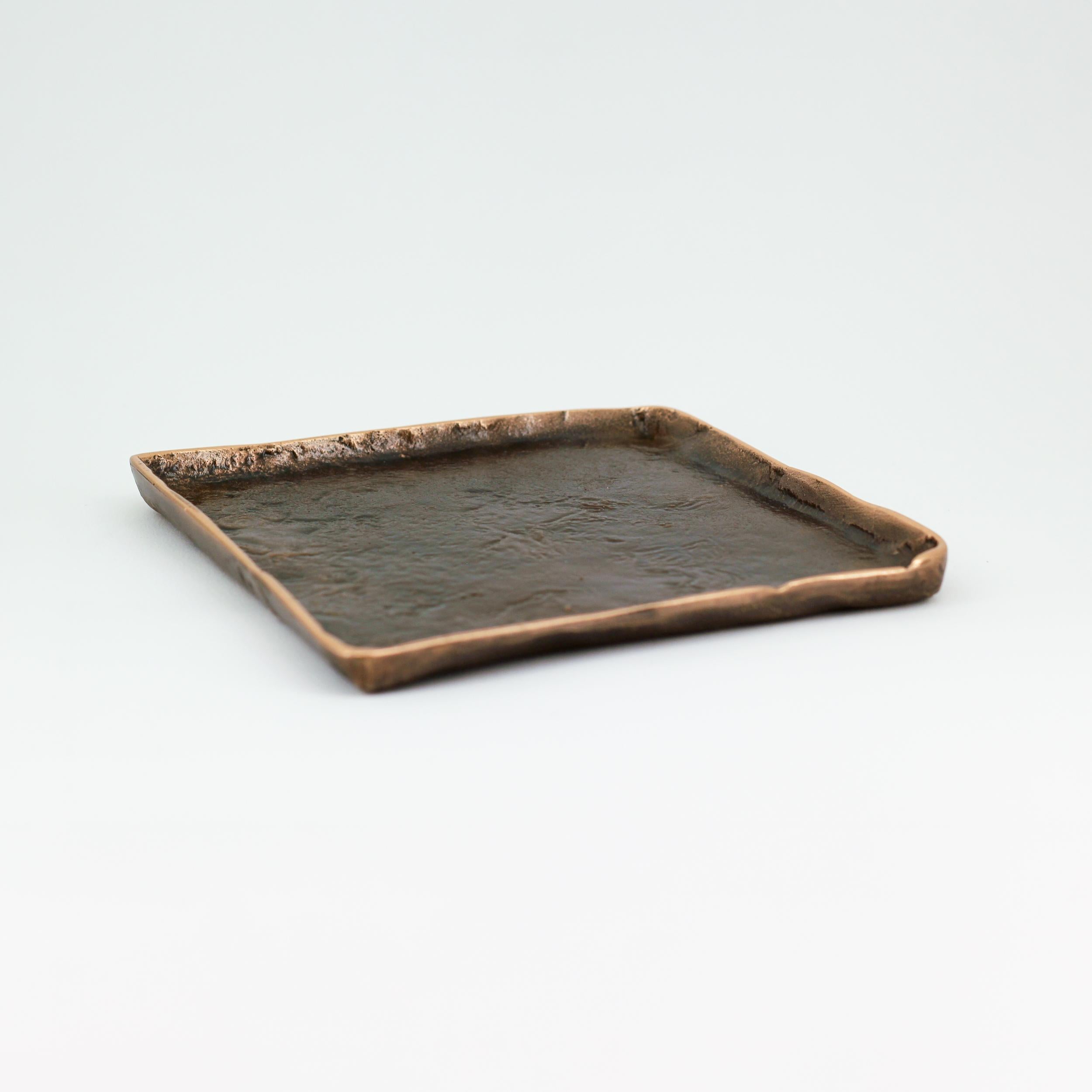 Patinated Handmade Cast Bronze Squared Decorative Wabi-Sabi Tray, Vide Poche, Large For Sale