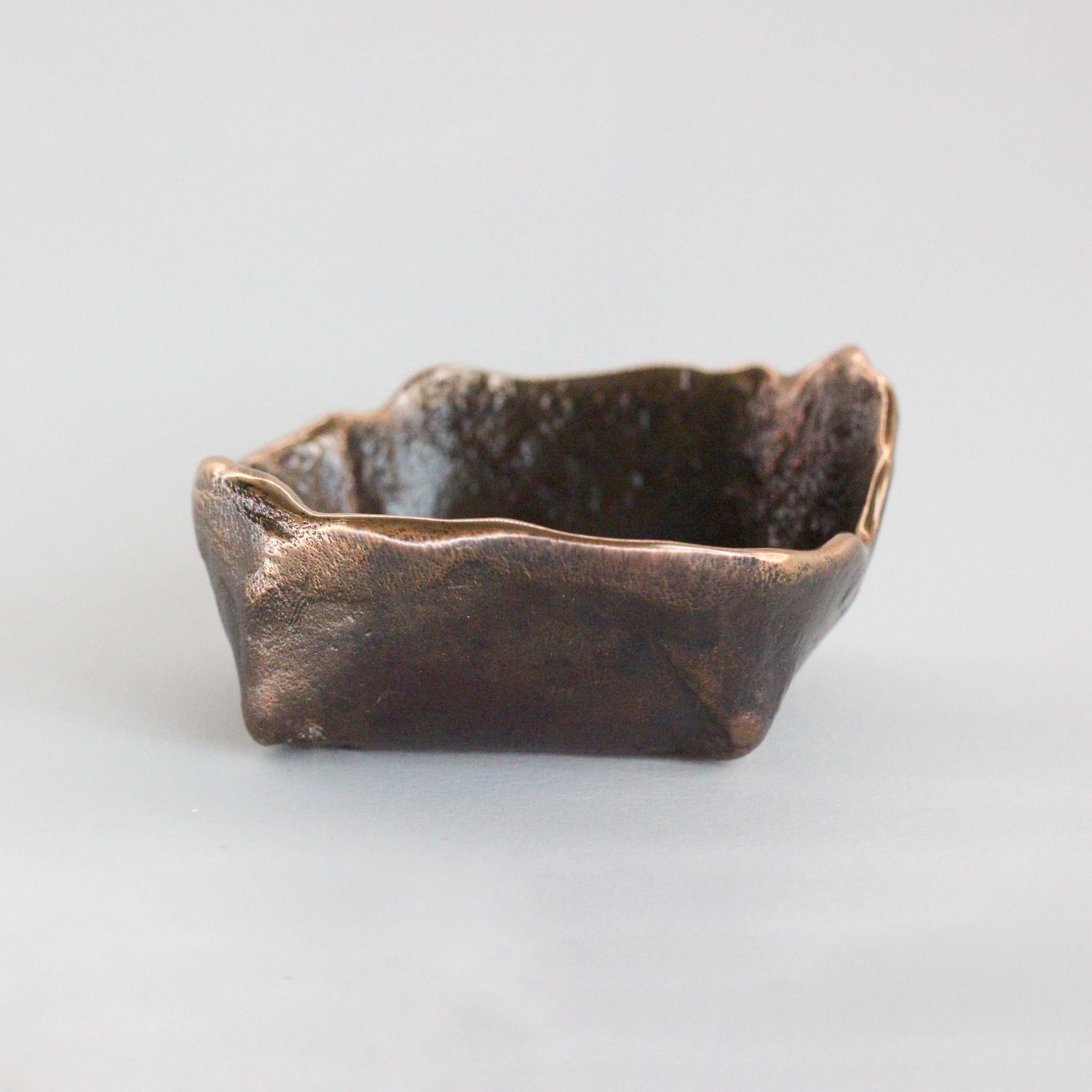 Handmade Cast Bronze Squared Wabi-Sabi Decorative Bowl, Vide-Poche, Small In New Condition For Sale In London, London