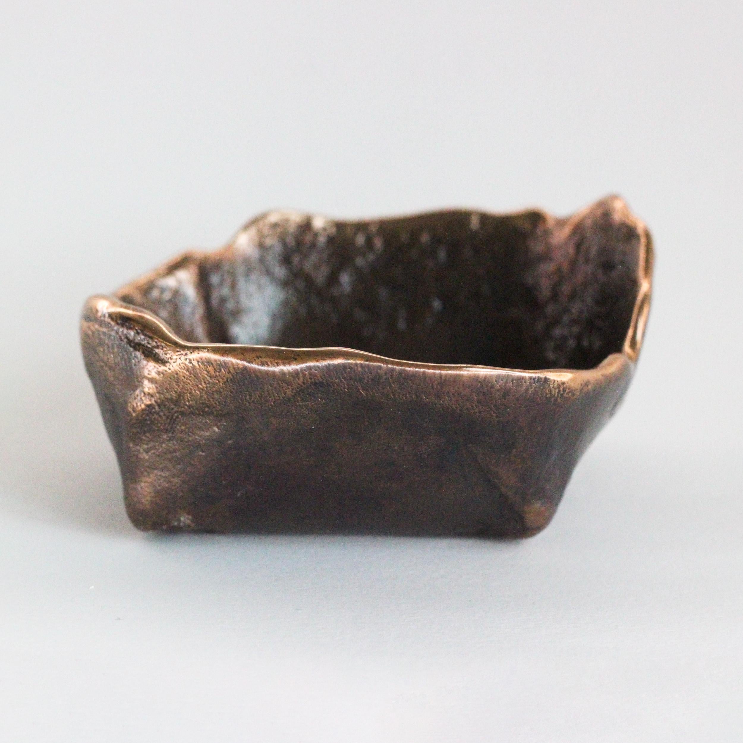 Contemporary Handmade Cast Bronze Squared Wabi-Sabi Decorative Bowl, Vide-Poche, Small For Sale