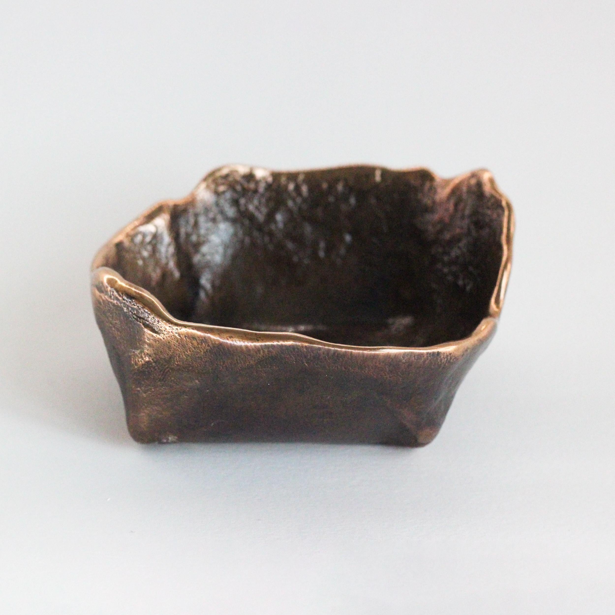 Handmade Cast Bronze Squared Wabi-Sabi Decorative Bowl, Vide-Poche, Small For Sale 1