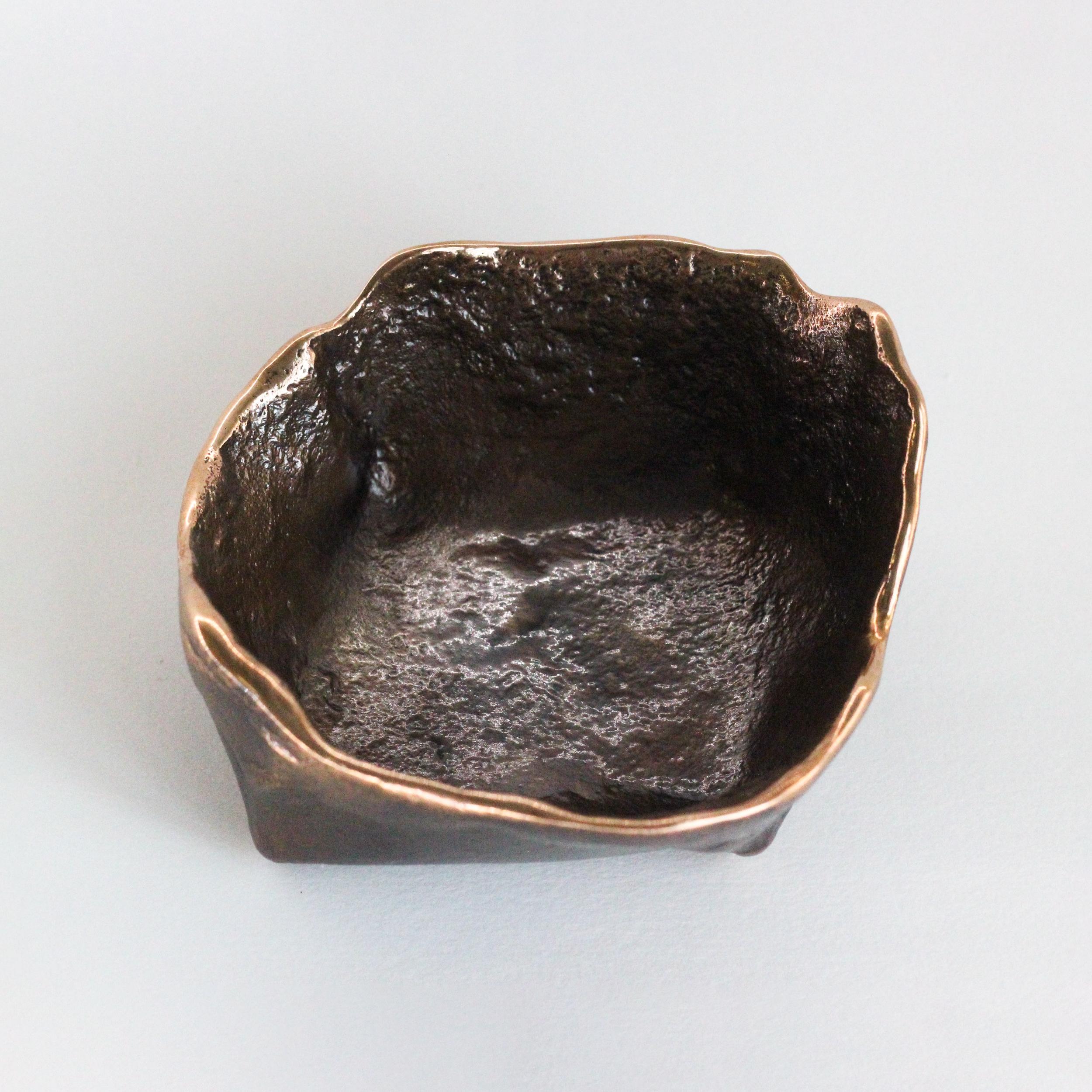 Handmade Cast Bronze Squared Wabi-Sabi Decorative Bowl, Vide-Poche, Small For Sale 2