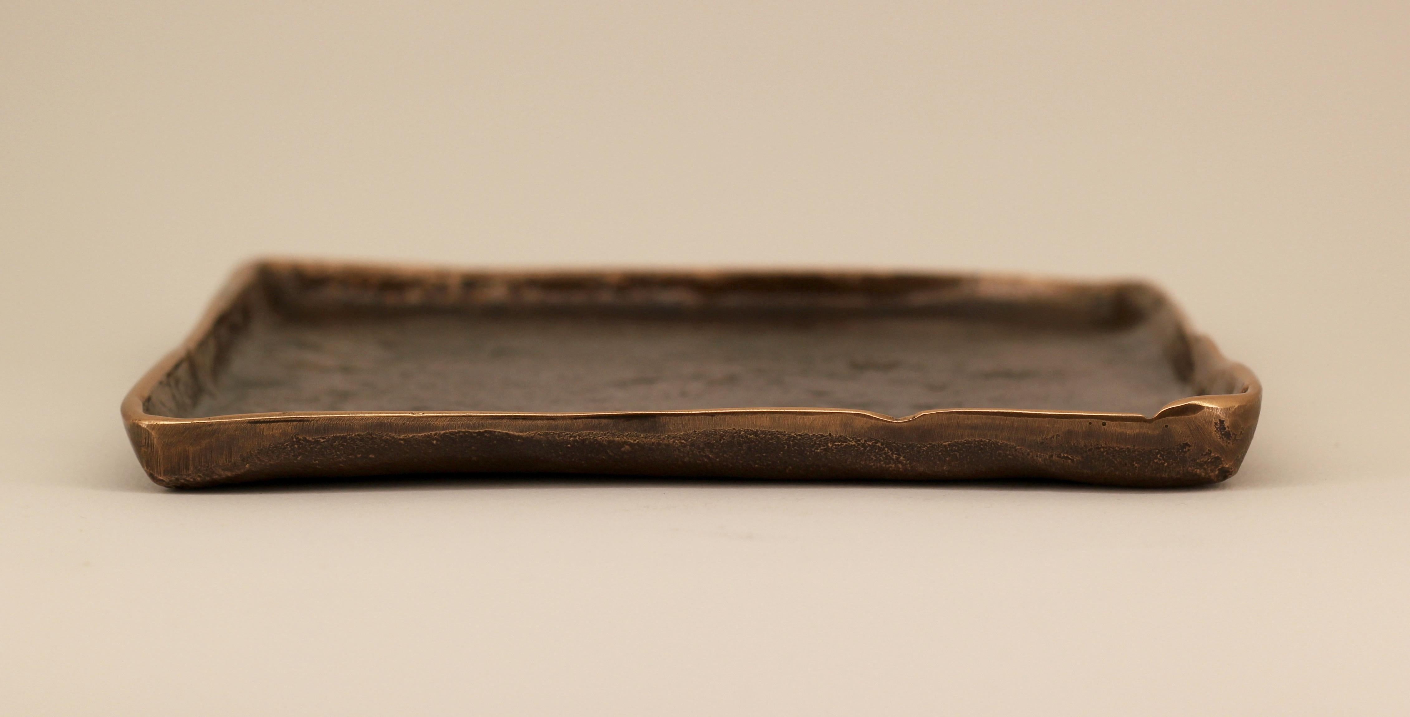 Patinated Handmade Cast Bronze Tray Inspired by Wabi-Sabi