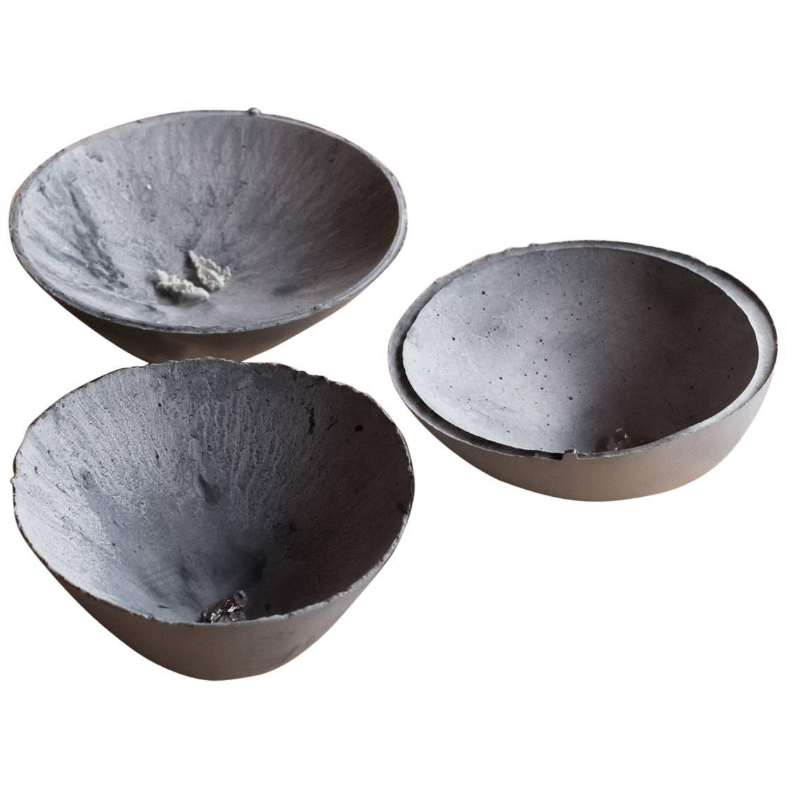 Handmade Cast Concrete Bowl in Grey by UMÉ Studio, Set of Three Small For Sale
