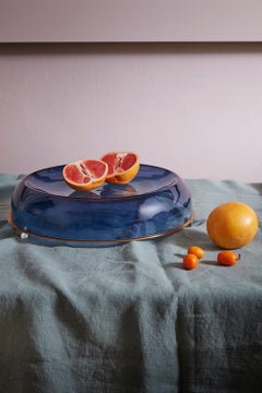 Handmade Centerpiece the Flat by Neri & Hu in Blue Blown Glass & Brass Base