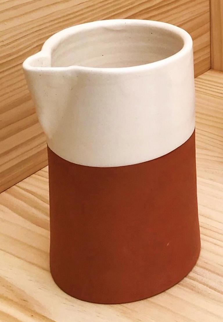 Hand-Crafted Handmade Ceramic Angle Rustic Carafe in Stone and White Design, in Stock For Sale