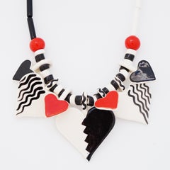 Handmade Ceramic Beaded Black & White Hearts Necklace By Ruby Z, 1980s