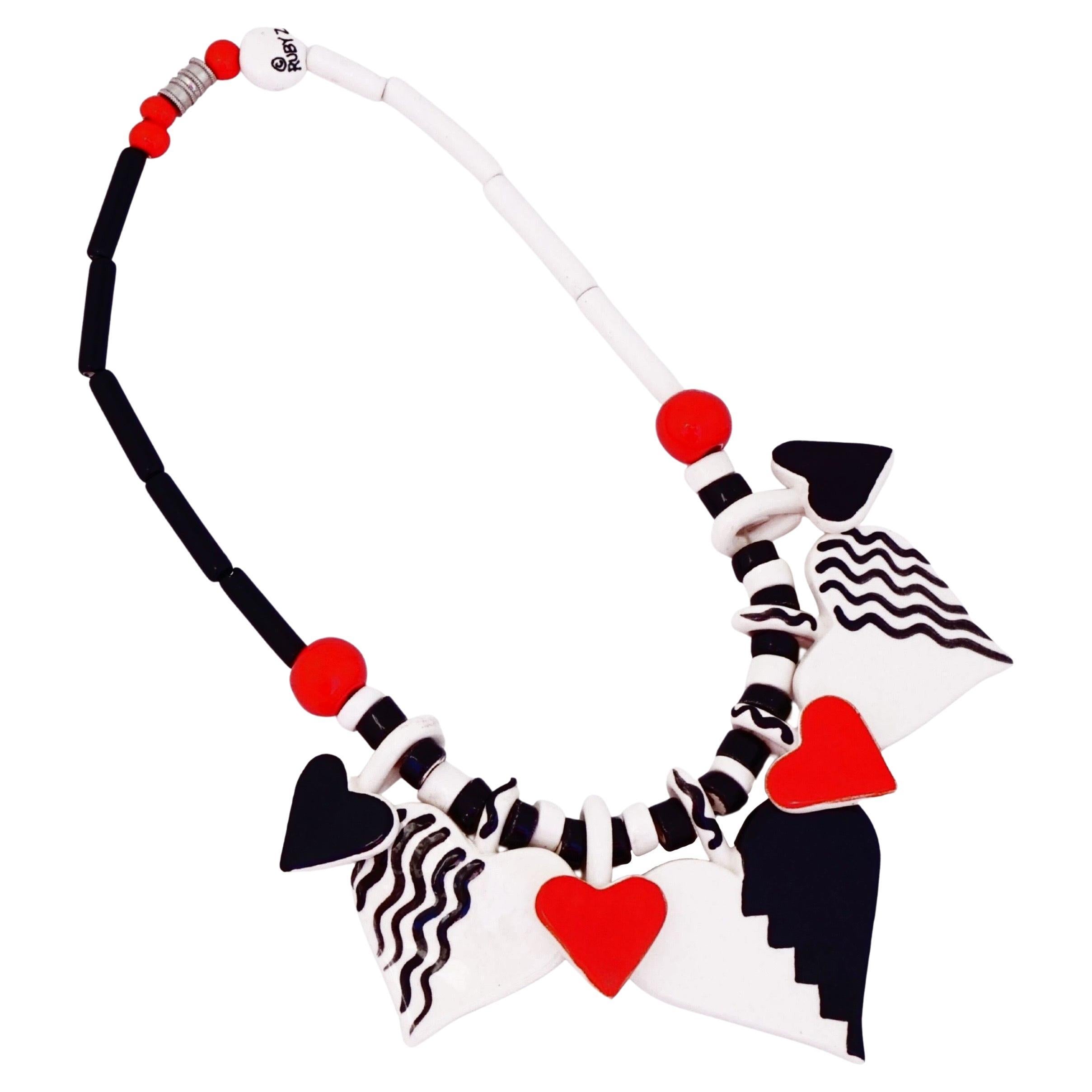 Handmade Ceramic Beaded Black & White Hearts Necklace By Ruby Z, 1980s For Sale
