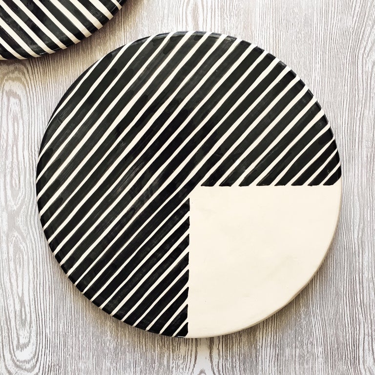 Handmade Ceramic Black and White 3/4 Stripe Pattern Serving Platter, in