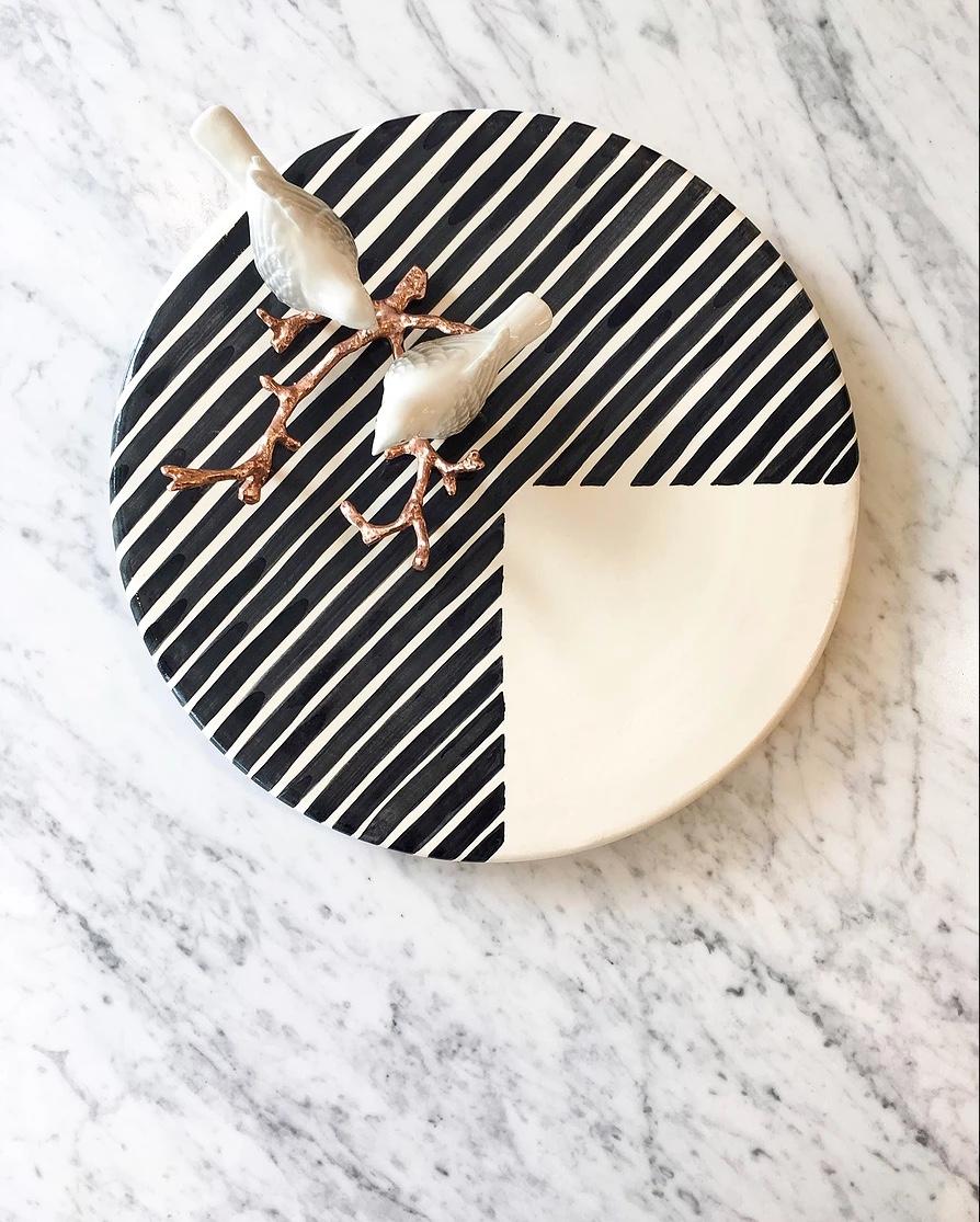 Hand-Crafted Handmade Ceramic Black and White 3/4 Stripe Pattern Serving Platter, in Stock For Sale