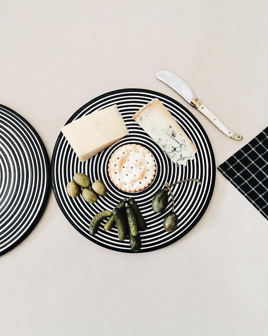 Hand-Crafted Handmade Ceramic Black and White Circular Striped Cheese Plate, In Stock
