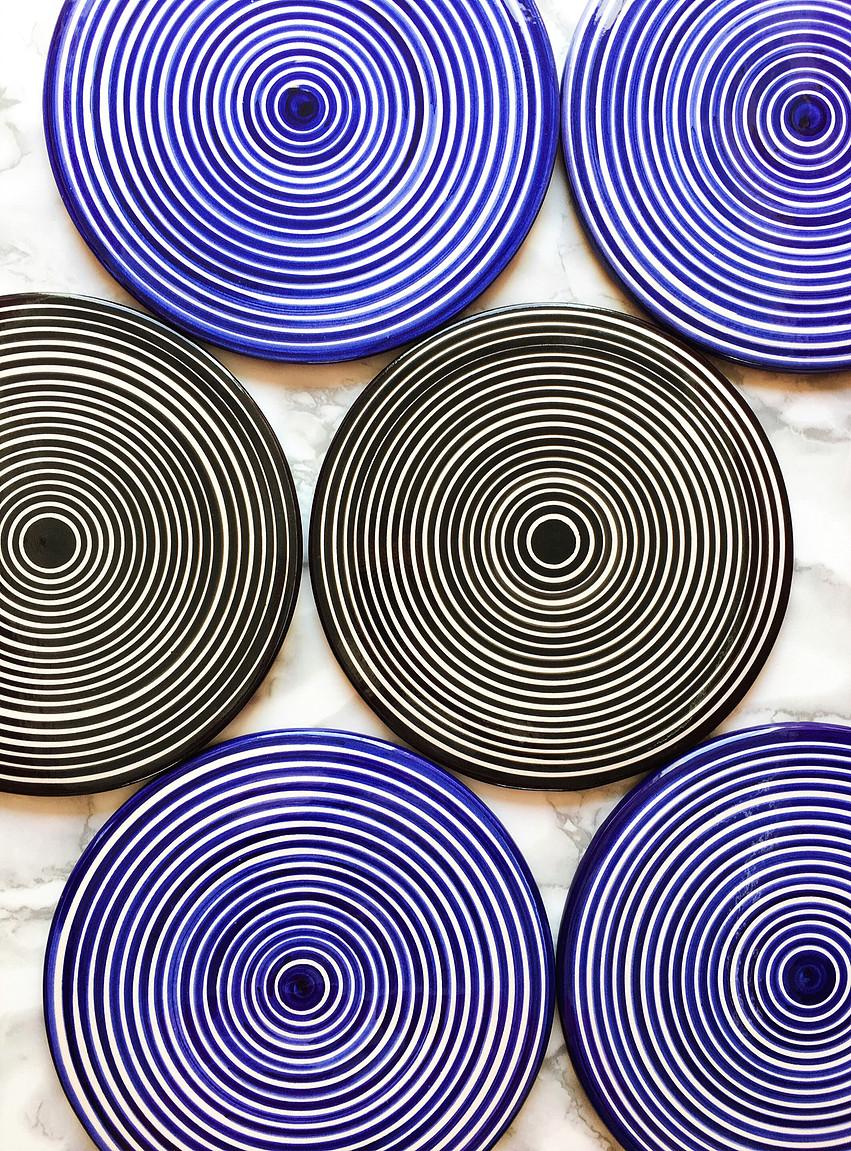 Handmade Ceramic Black and White Circular Striped Cheese Plate, In Stock In New Condition In West Hollywood, CA
