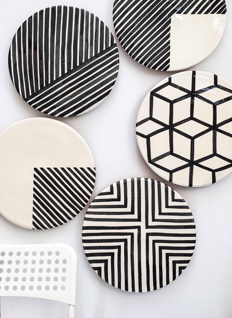 Handmade Ceramic Black and White Cube Pattern Serving Platter, in Stock